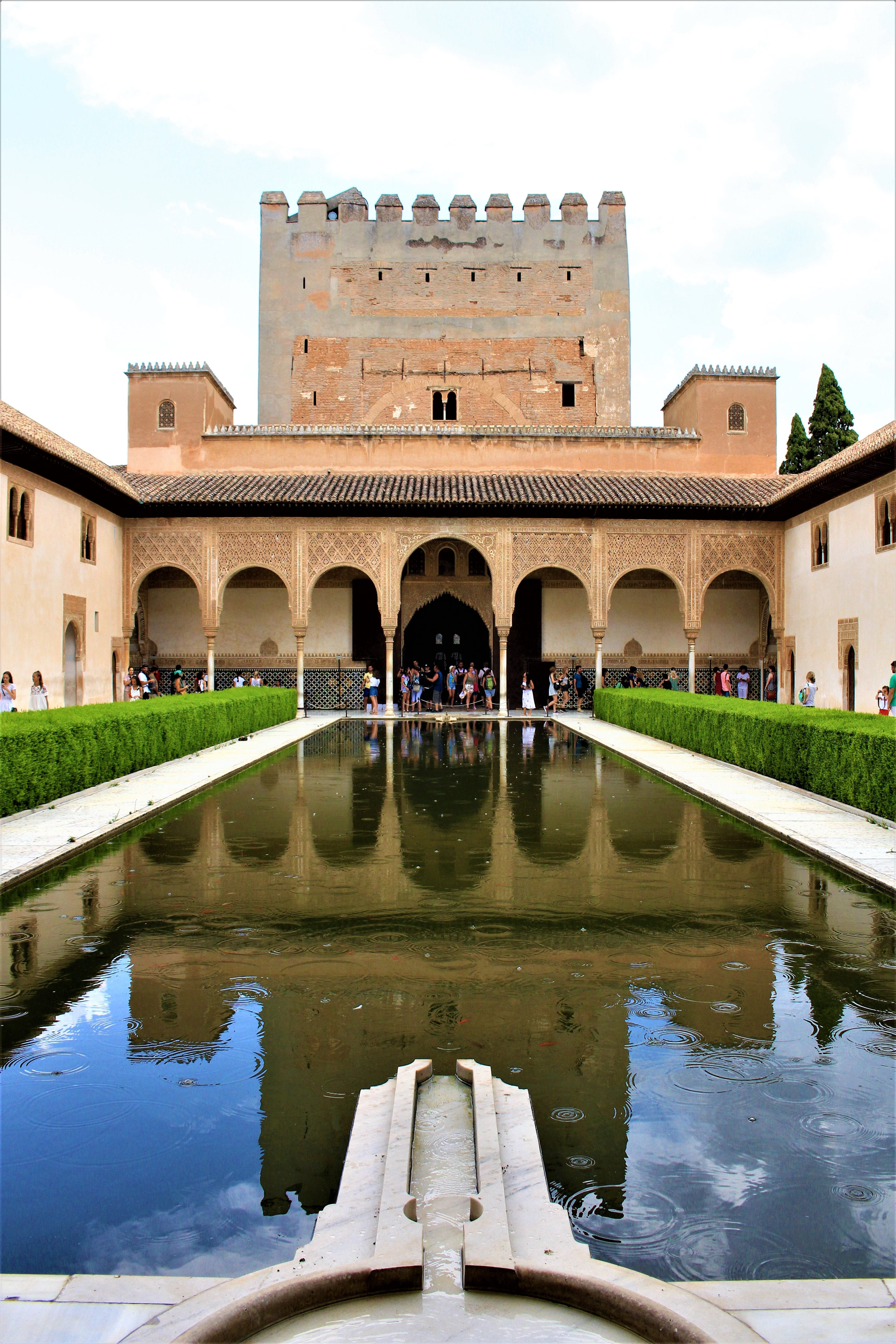 building, granada, arabic, water, reflection, andalusia, travel destinations, mirroring, courtyard, lake, palace, reflecting pool, built structure, arch, Phone HD Wallpaper