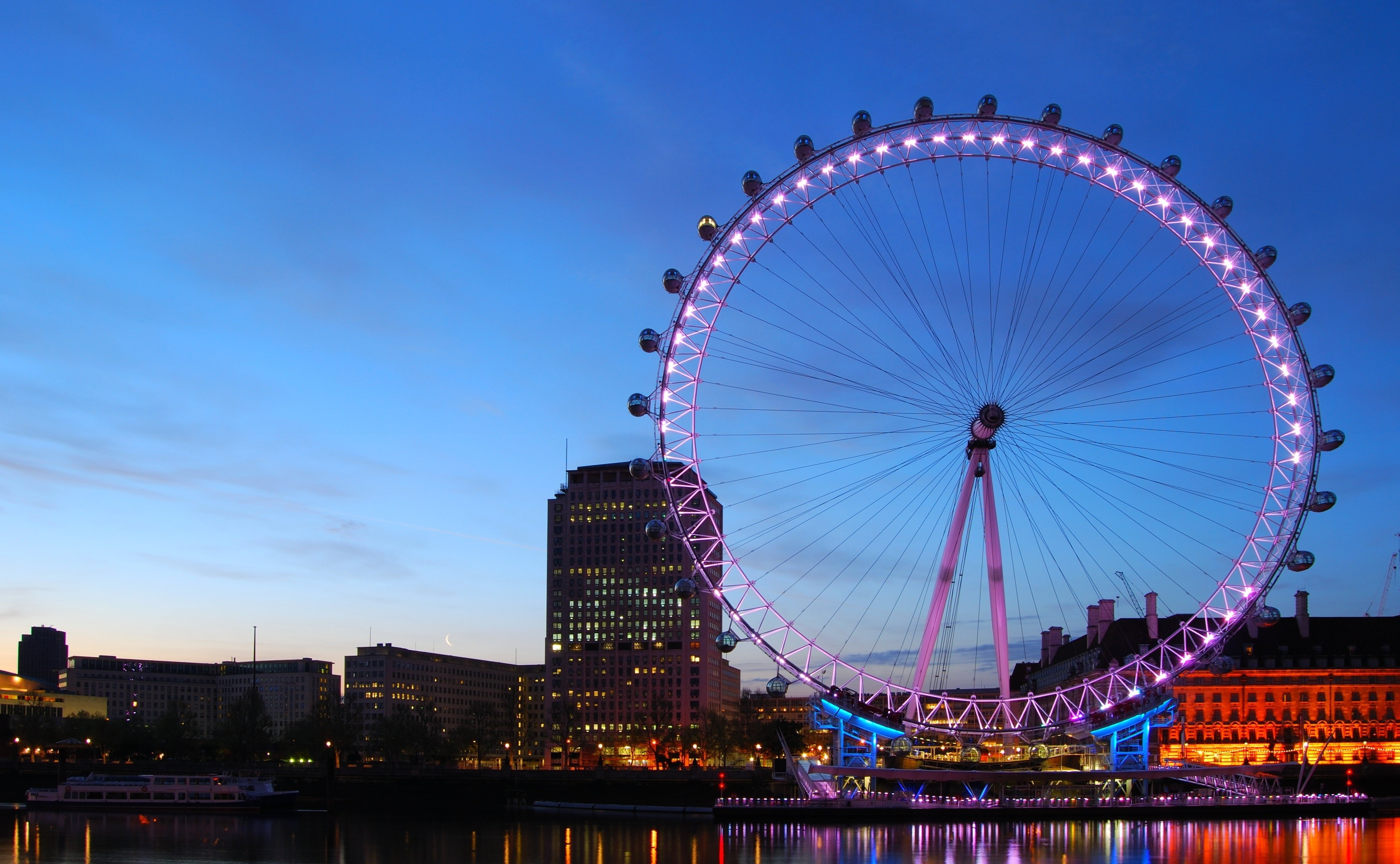 London, building, reflection, water, urban, city, dusk, photography, London Eye, lights, River Thames, 2K, HD Wallpaper