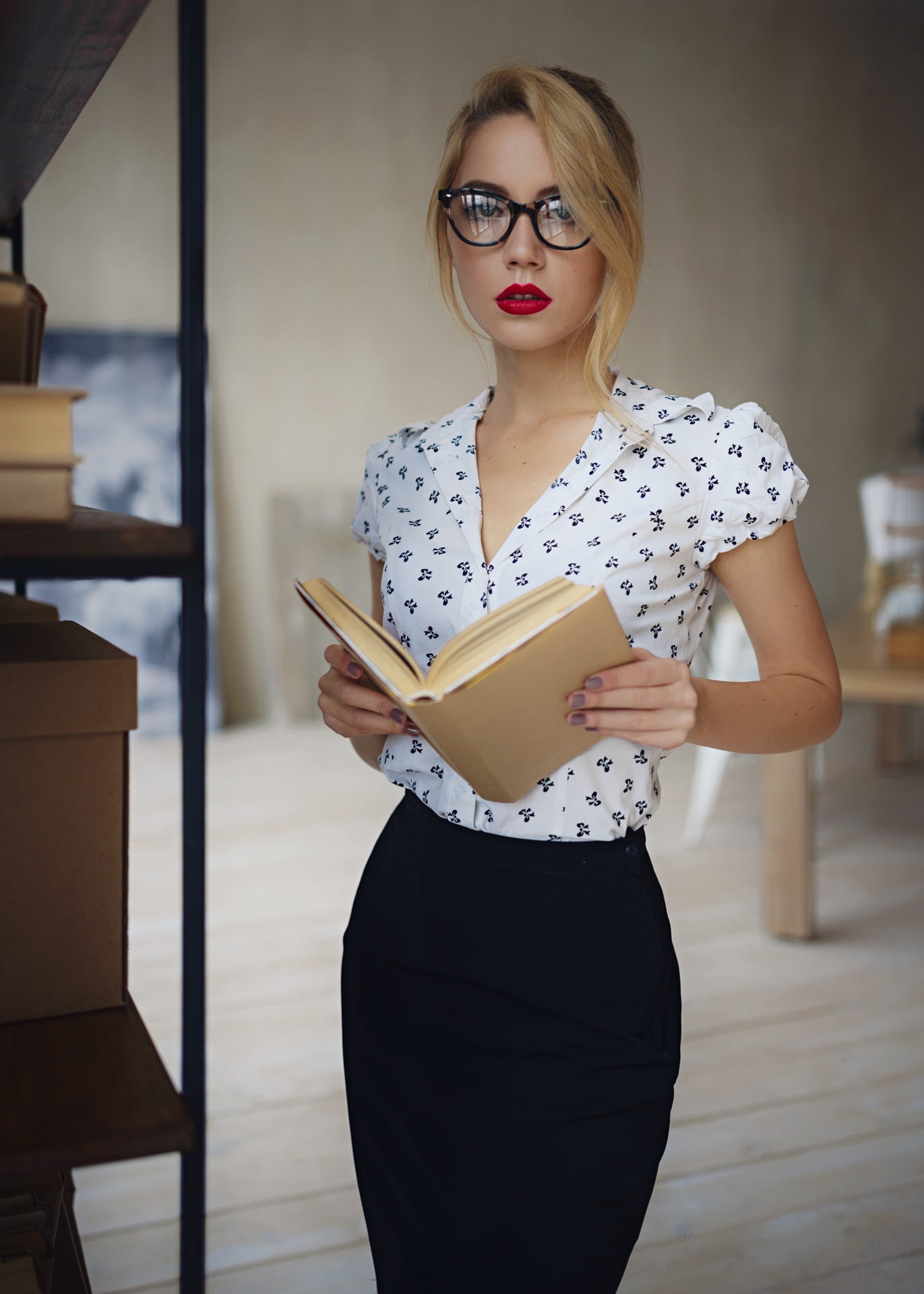 young adult, indoors, standing, women, one person, books, portrait, glasses, business person, businesswoman, front view, blond hair, hairstyle, Ksenia Kokoreva, Phone HD Wallpaper