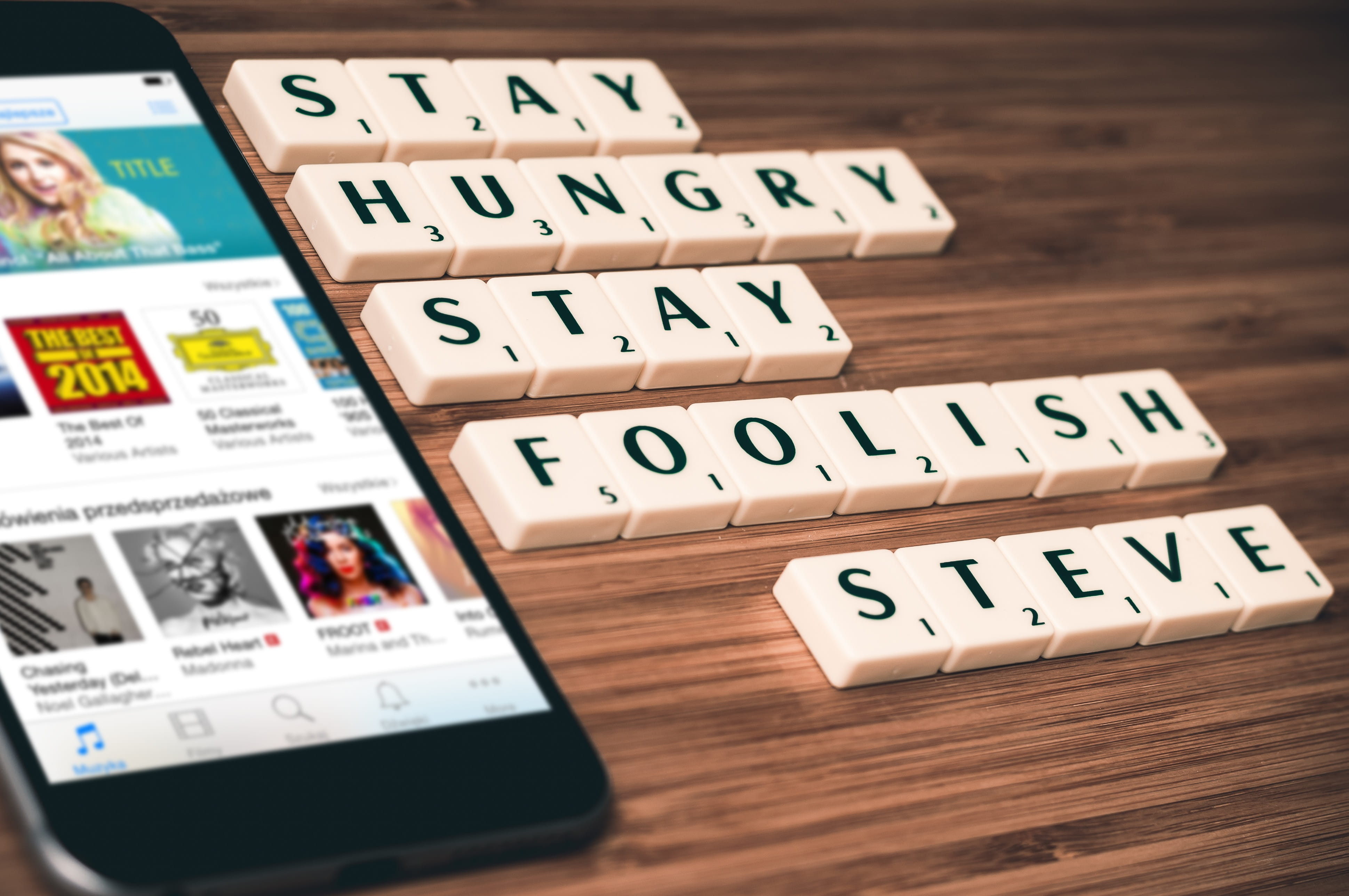 no people, social, selective focus, stay, hungry, cubes, wood - material, indoors, success, iphone, mobile, beside, text, steve, foolish, communication, HD Wallpaper