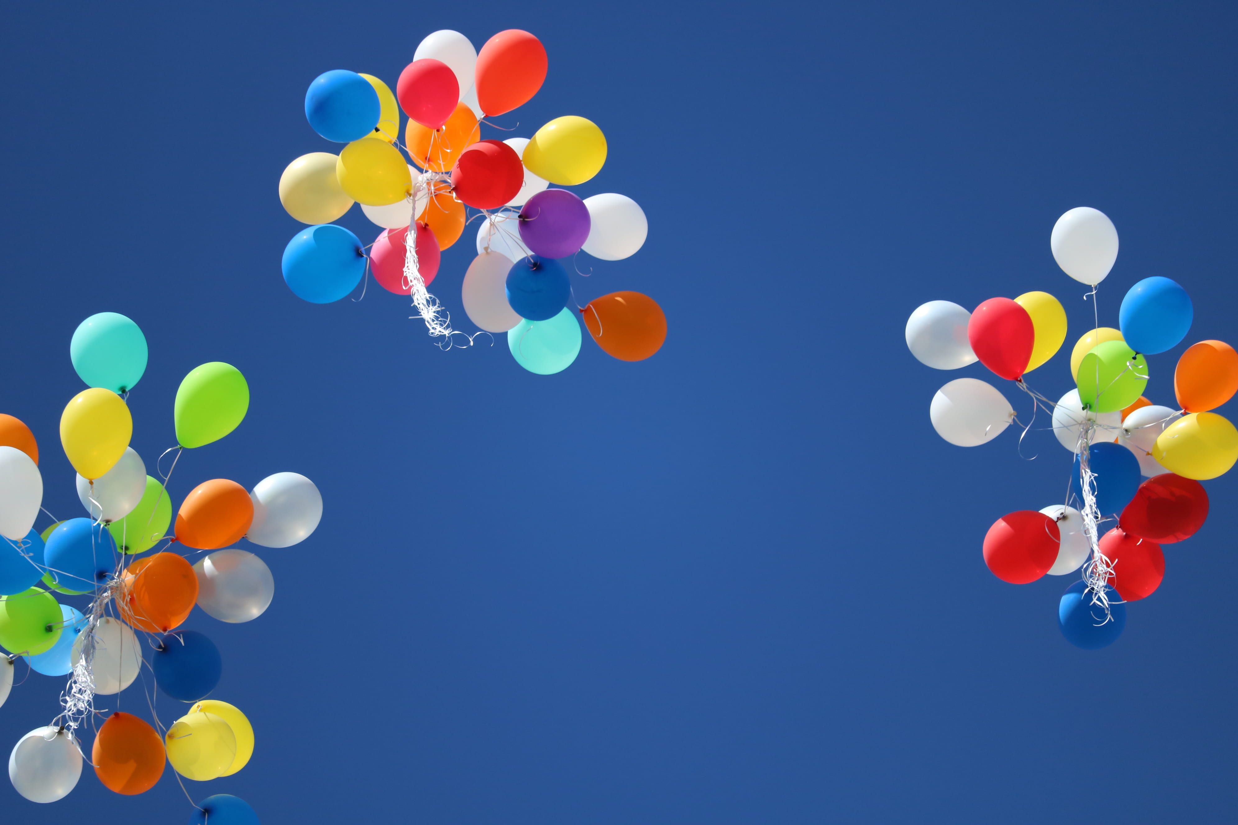 celebration, three, multicolored, daytime, rainbow, yellow, no people, multi colored, 4K, large group of objects, orange color, variation, blue background, HD Wallpaper
