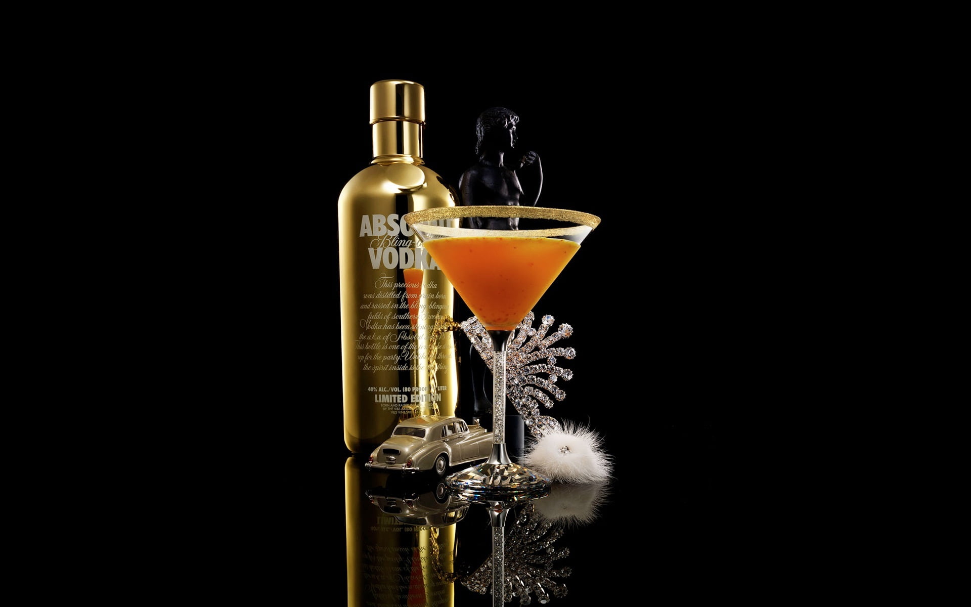 alcohol, vodka, drink, close-up, refreshment, drinking glass, bottle, flute, black background, still life, container, absolute, copy space, indoors, HD Wallpaper