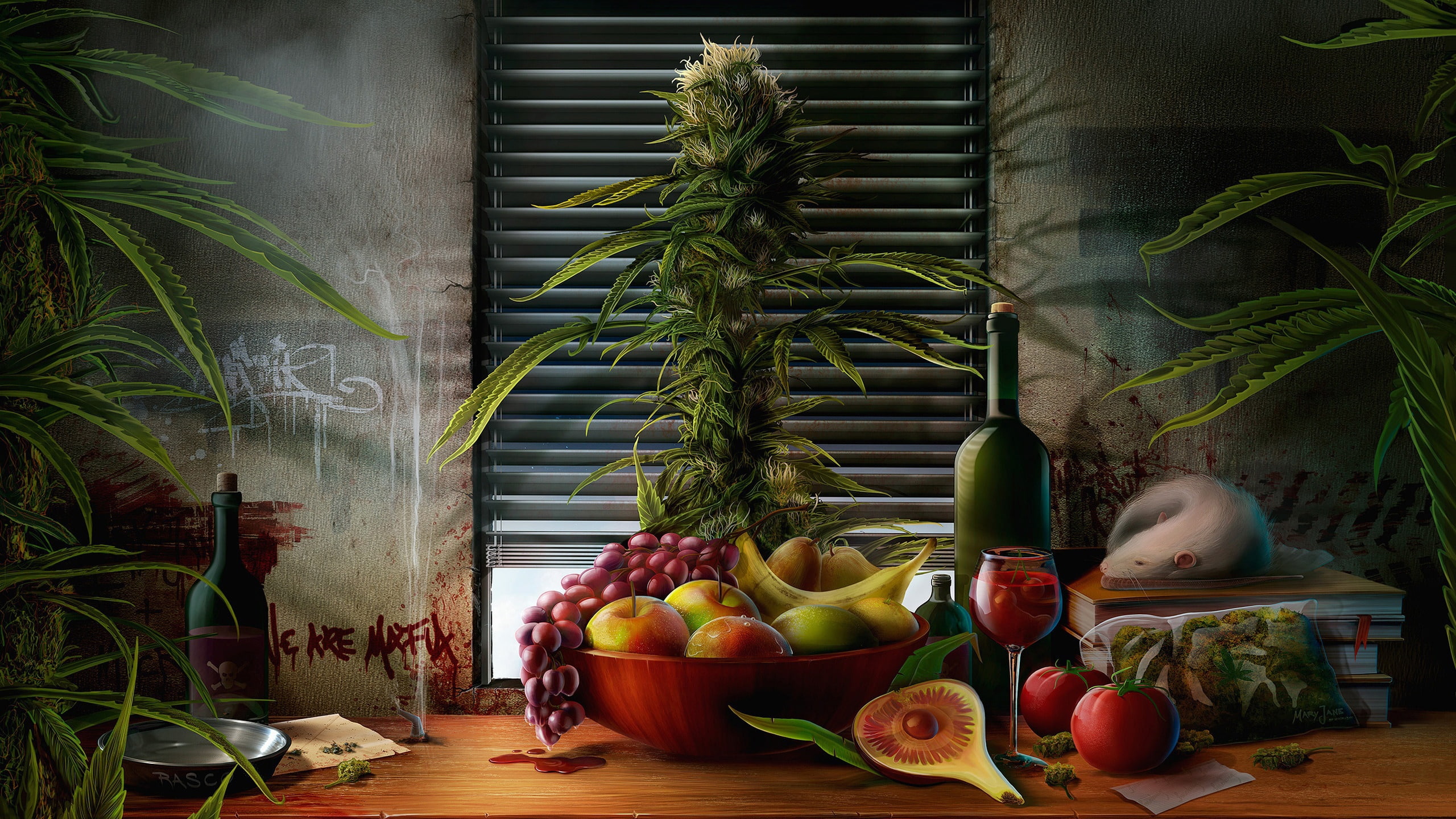 life, banana, painting, still, wine, 2K, pear, apple, fruits, grapes, HD Wallpaper