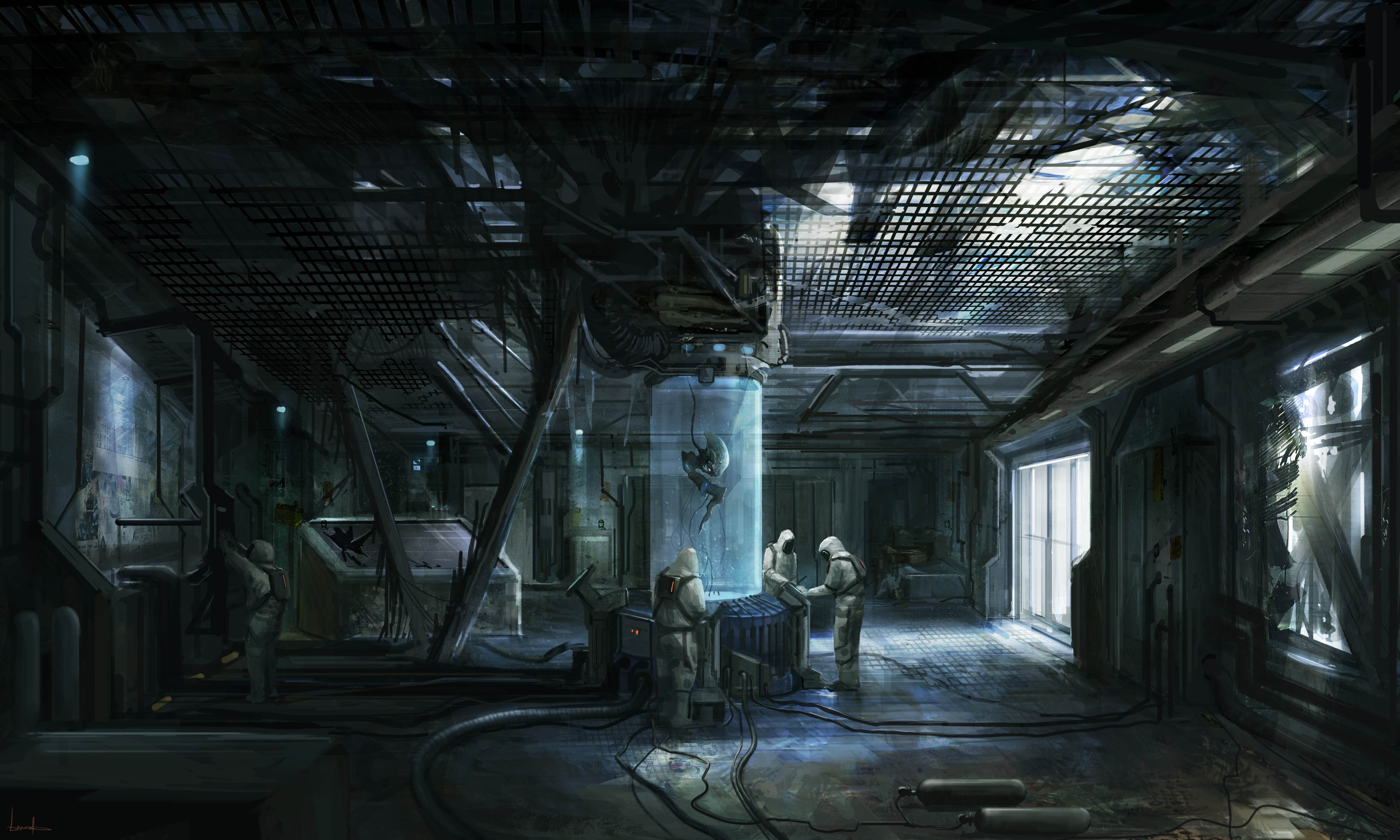 built structure, factory, architecture, Scientists, decline, indoors, digital art, lighting equipment, 4K, window, deterioration, damaged, ceiling, artwork, HD Wallpaper
