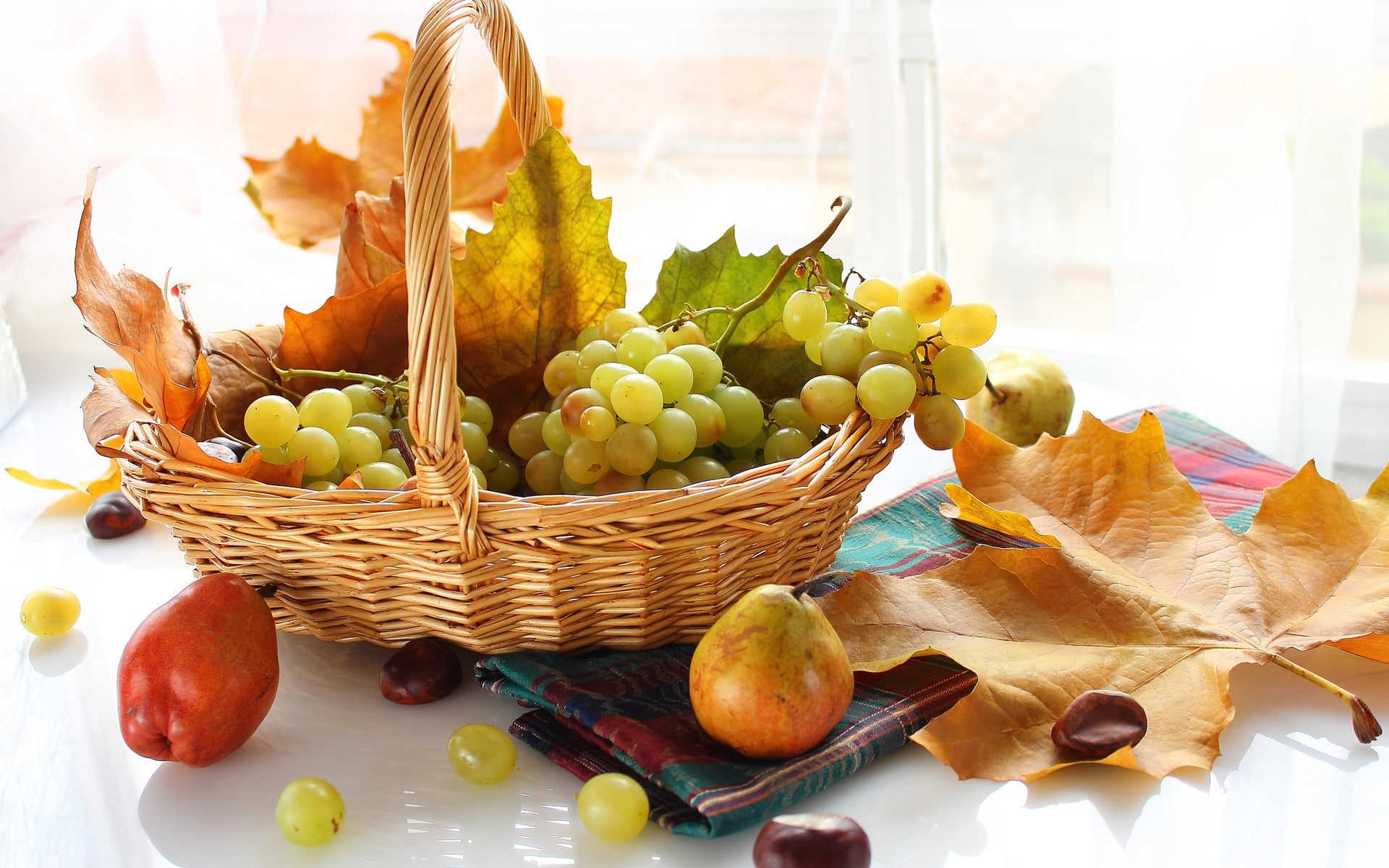 Autumn, Grapes, Basket, Pear, 1080P, Fruit, Leaves, HD Wallpaper