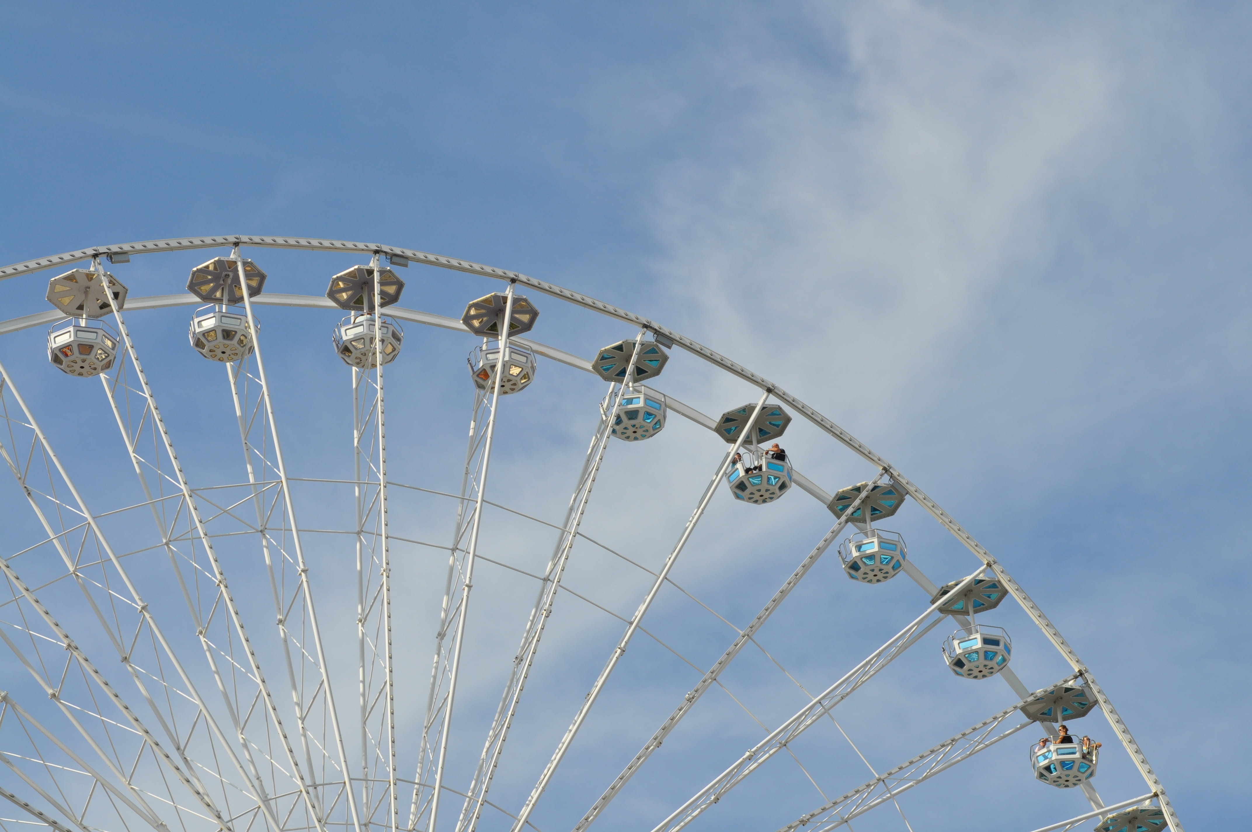 low angle view, outdoors, ferris wheel, fun, fair, sky, tall - high, nature, blue, arts culture and entertainment, no people, leisure activity, amusement park ride, HD Wallpaper