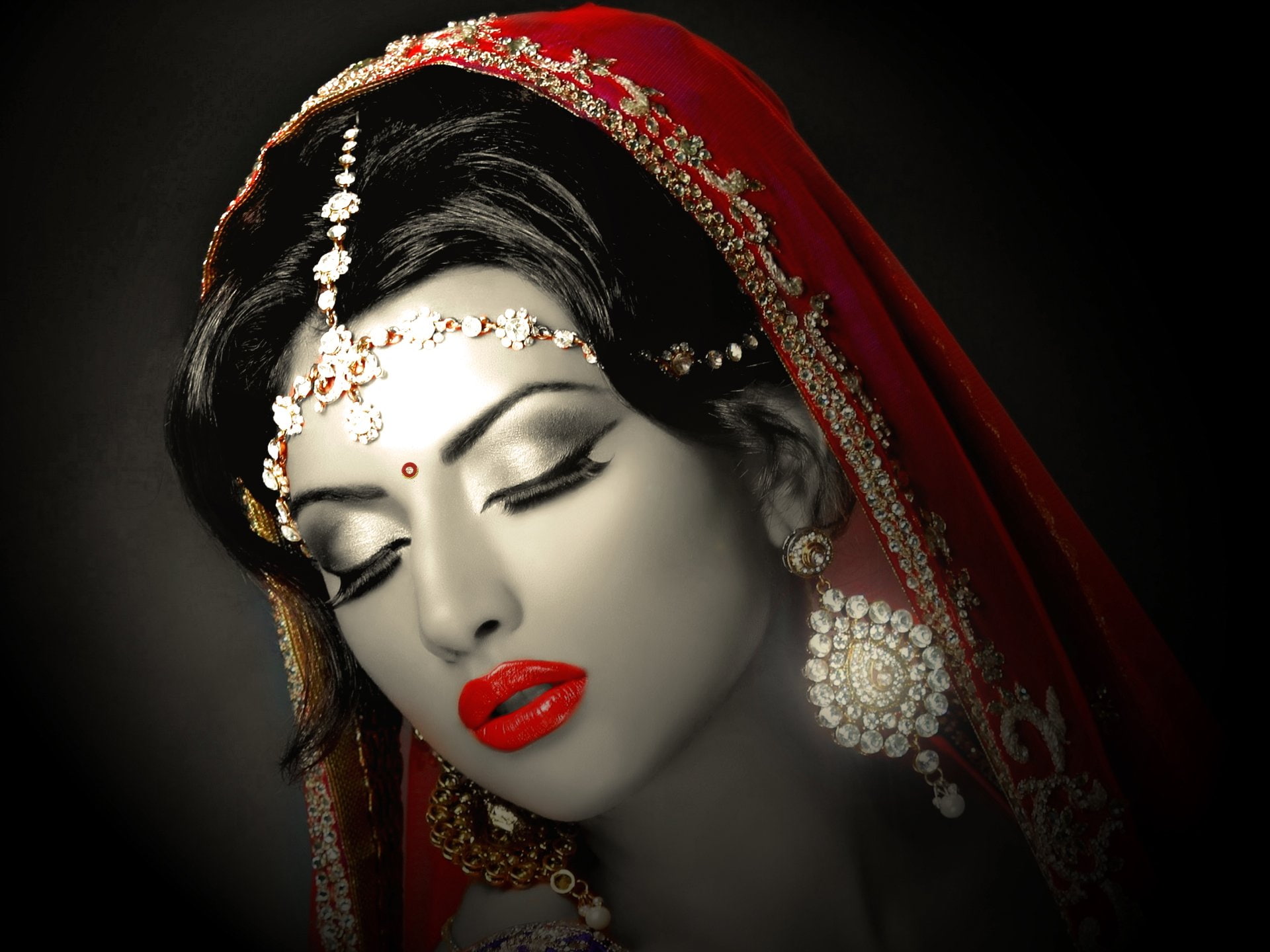 Artistic, Woman, Bride, Face, Lipstick, Earrings, Bindi, Makeup, Brunette, 1080P, Women, HD Wallpaper