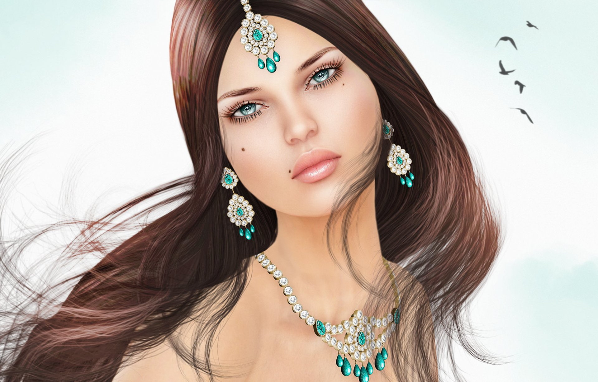 Diamond, Women, Turquoise, 1080P, Earrings, Fantasy, Bindi, Woman, Jewelry, HD Wallpaper