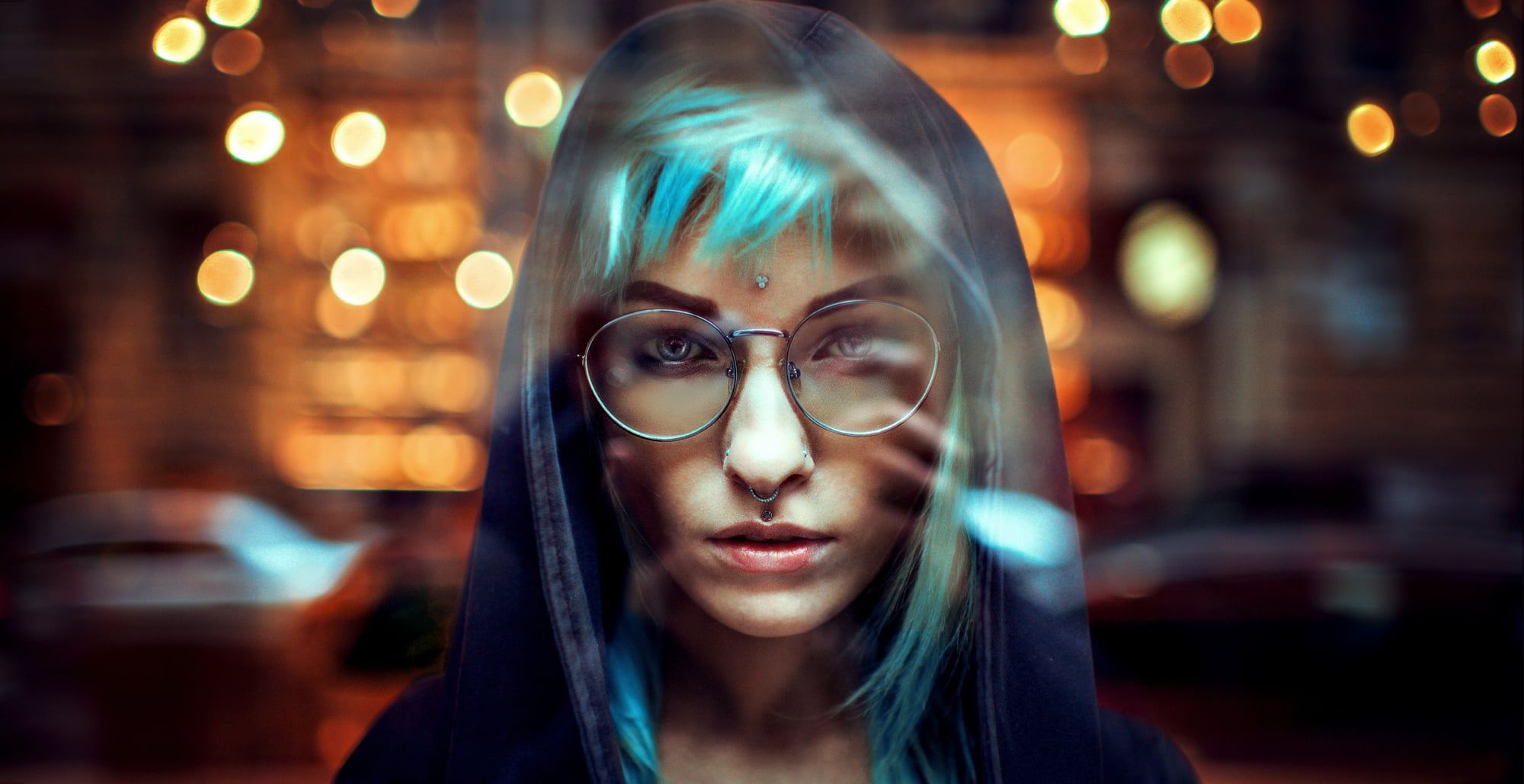 looking at camera, Kirill Bukrey, beautiful woman, women outdoors, bokeh, hairstyle, adolescence, hoods, human face, front view, women with glasses, piercing, HD Wallpaper