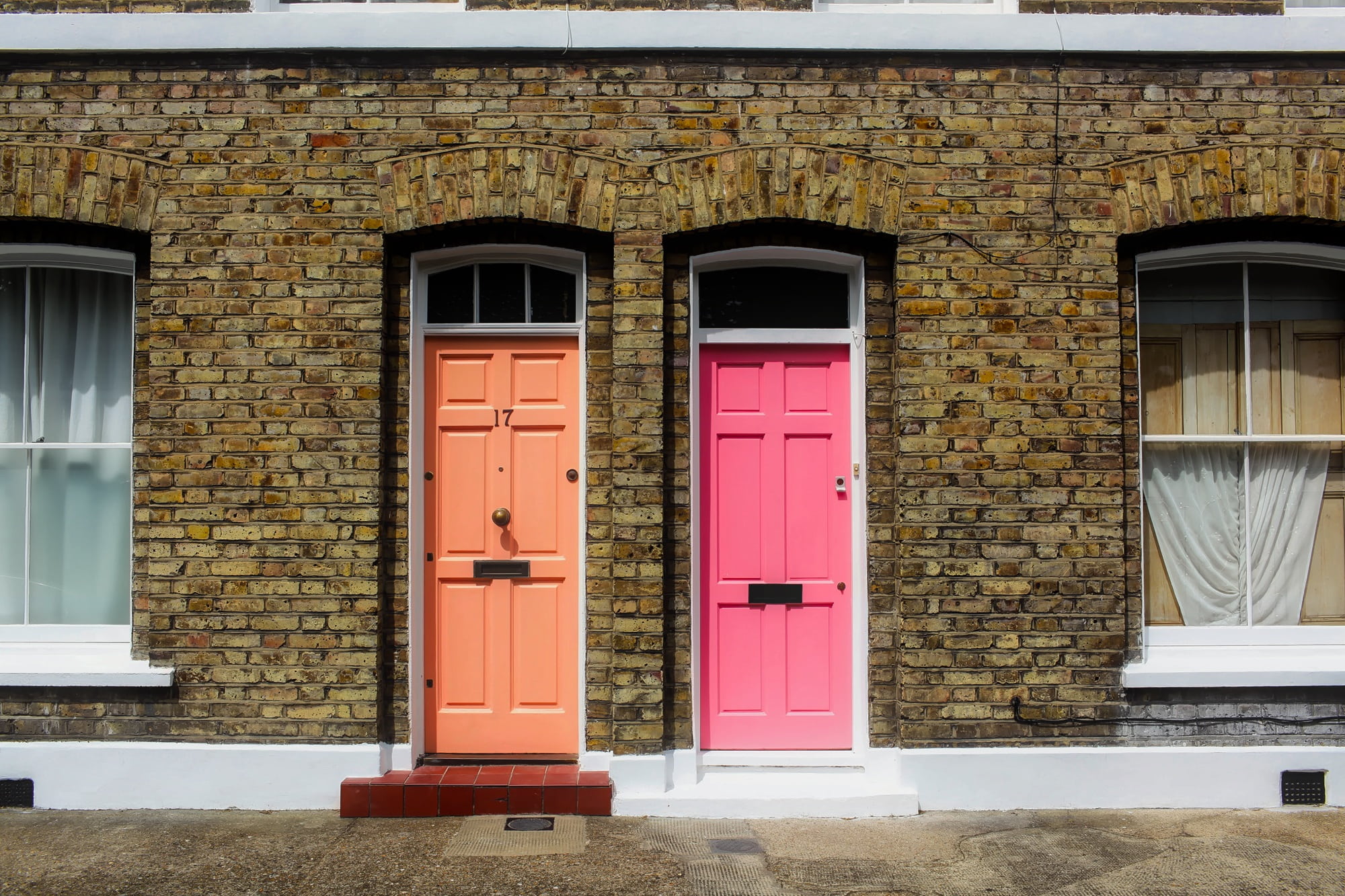 building exterior, red, closed, colors, facade, colorful, apartments, door, doors, entrance, day, window, building, residential district, 1080P, england, HD Wallpaper