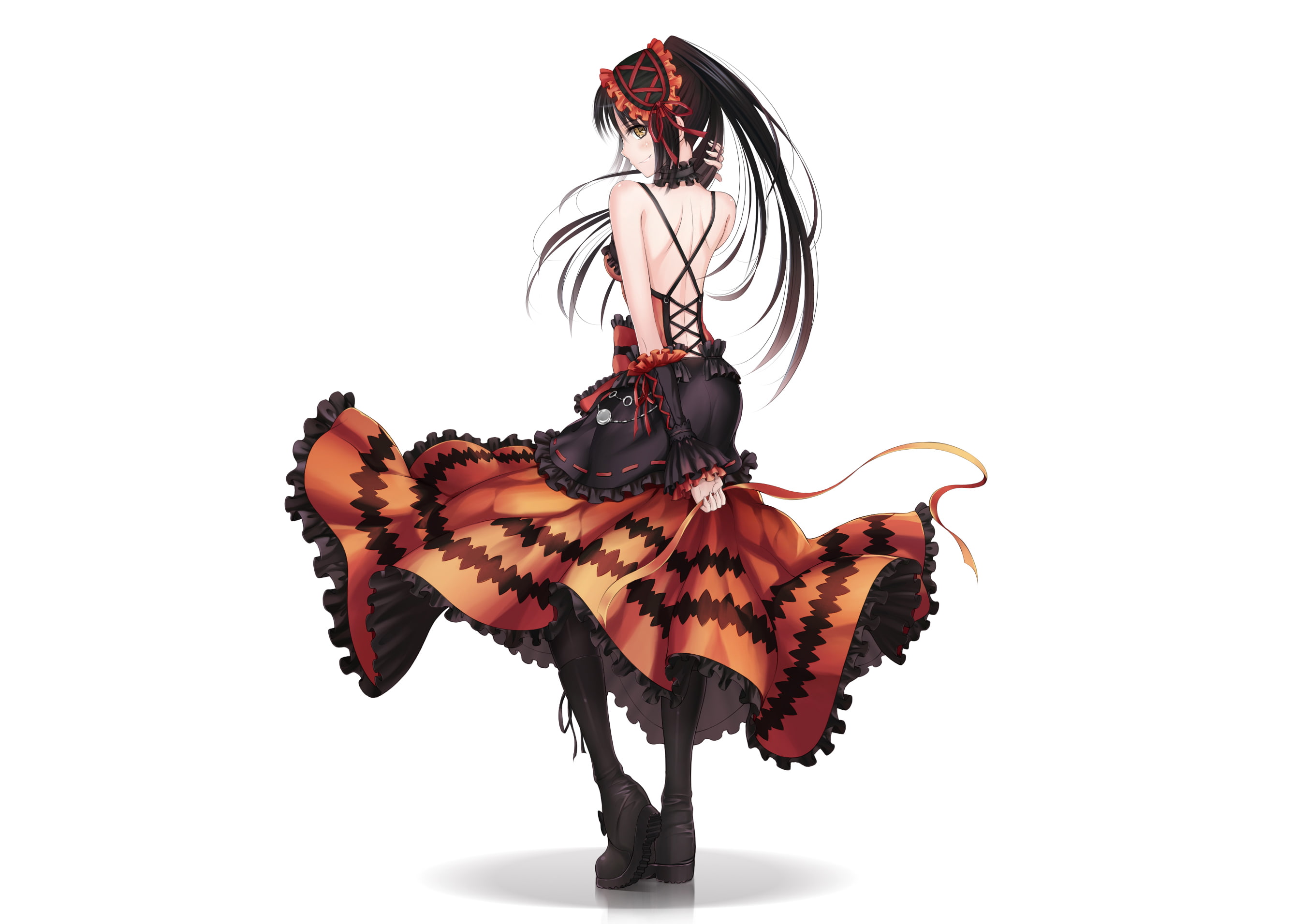 date, challenger, tokisaki, 2K, ltt, fashion, ponytail, black, boots, lolita, hair, eyes, dress, live, choker, pantyhose, gothic, yellow, white, kurumi, HD Wallpaper