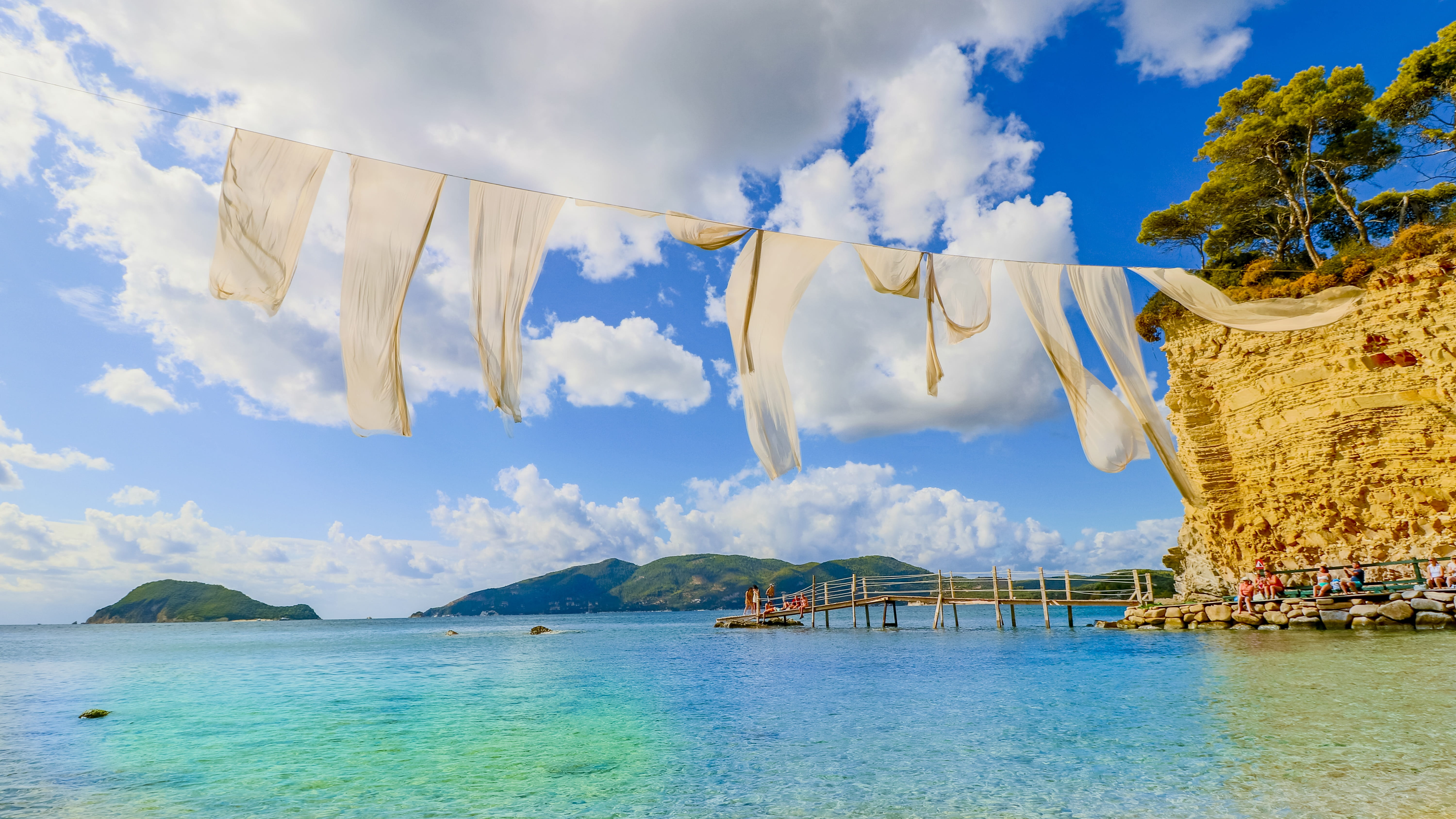 landscape, tranquility, ocean, tropic, lagoon, travel destinations, in europe, land, heaven, cloud - sky, water, travel, boat, holiday, textile, sea, beach, HD Wallpaper