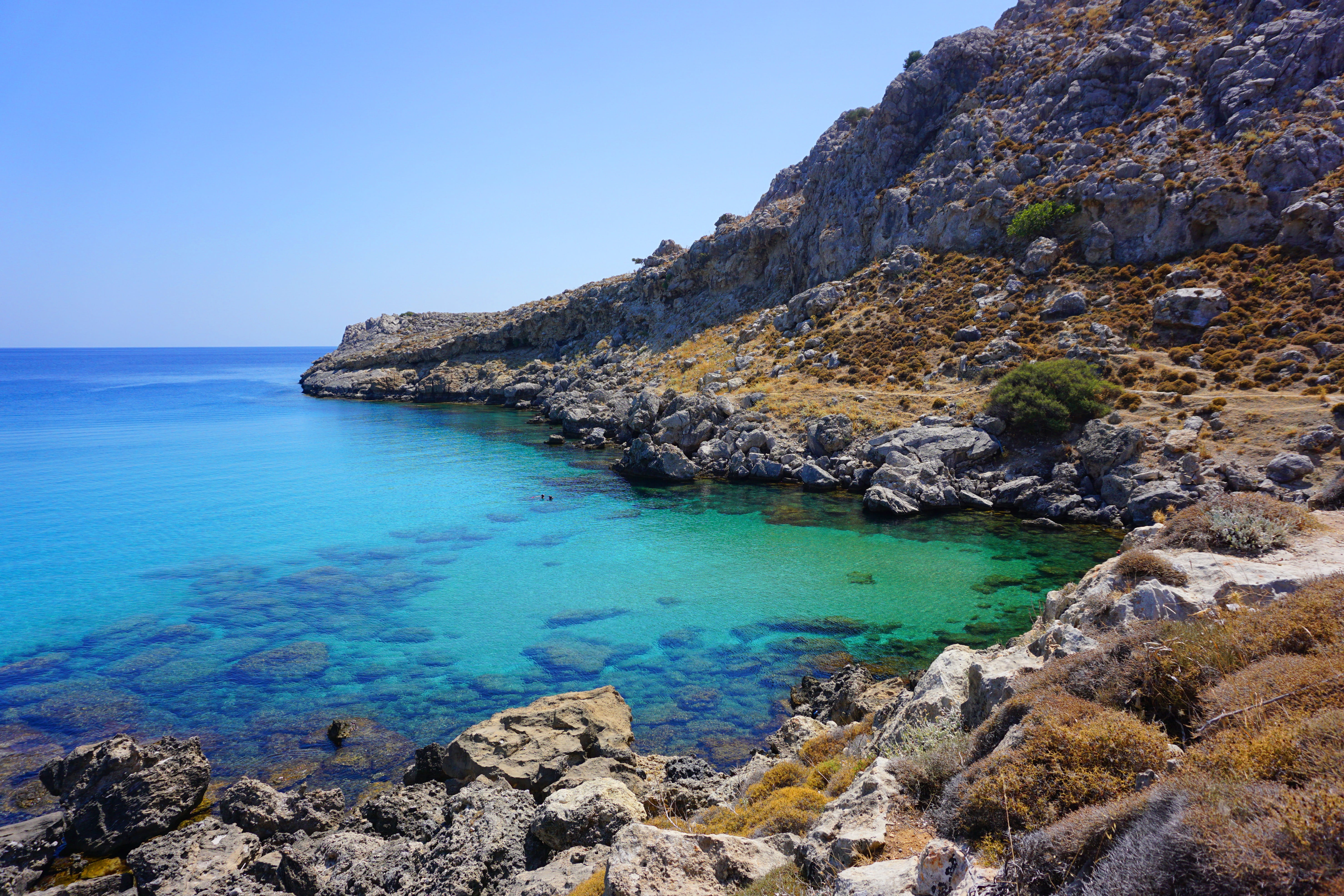 rock, island, 5K, bay, coast, outdoors, solid, rock - object, water, land, no people, tranquility, day, horizon over water, blue, travel, greenish-blue, HD Wallpaper