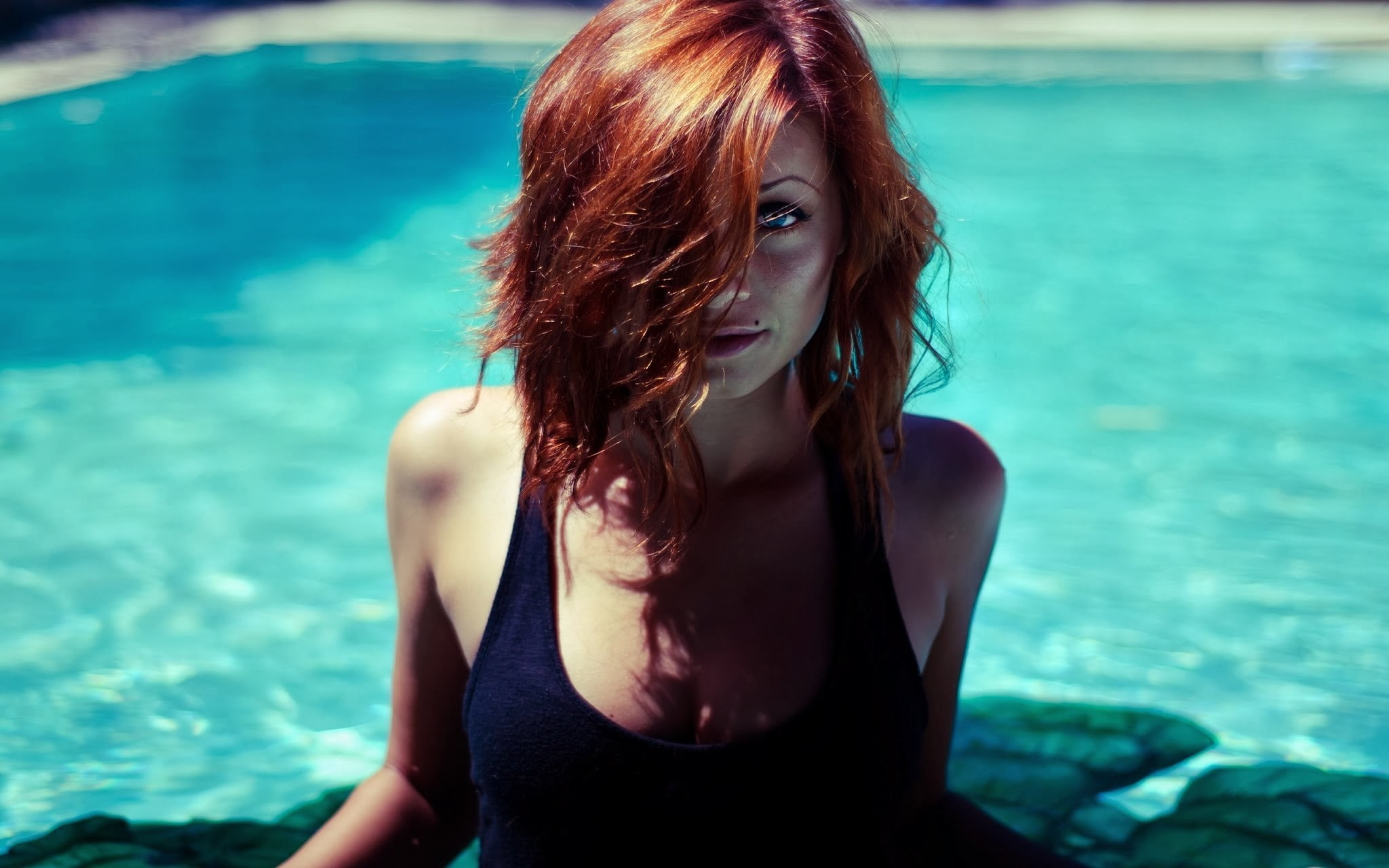 long hair, beautiful woman, focus on foreground, water, leisure activity, women, real people, young adult, 1080P, tank top, one person, young women, sea, HD Wallpaper