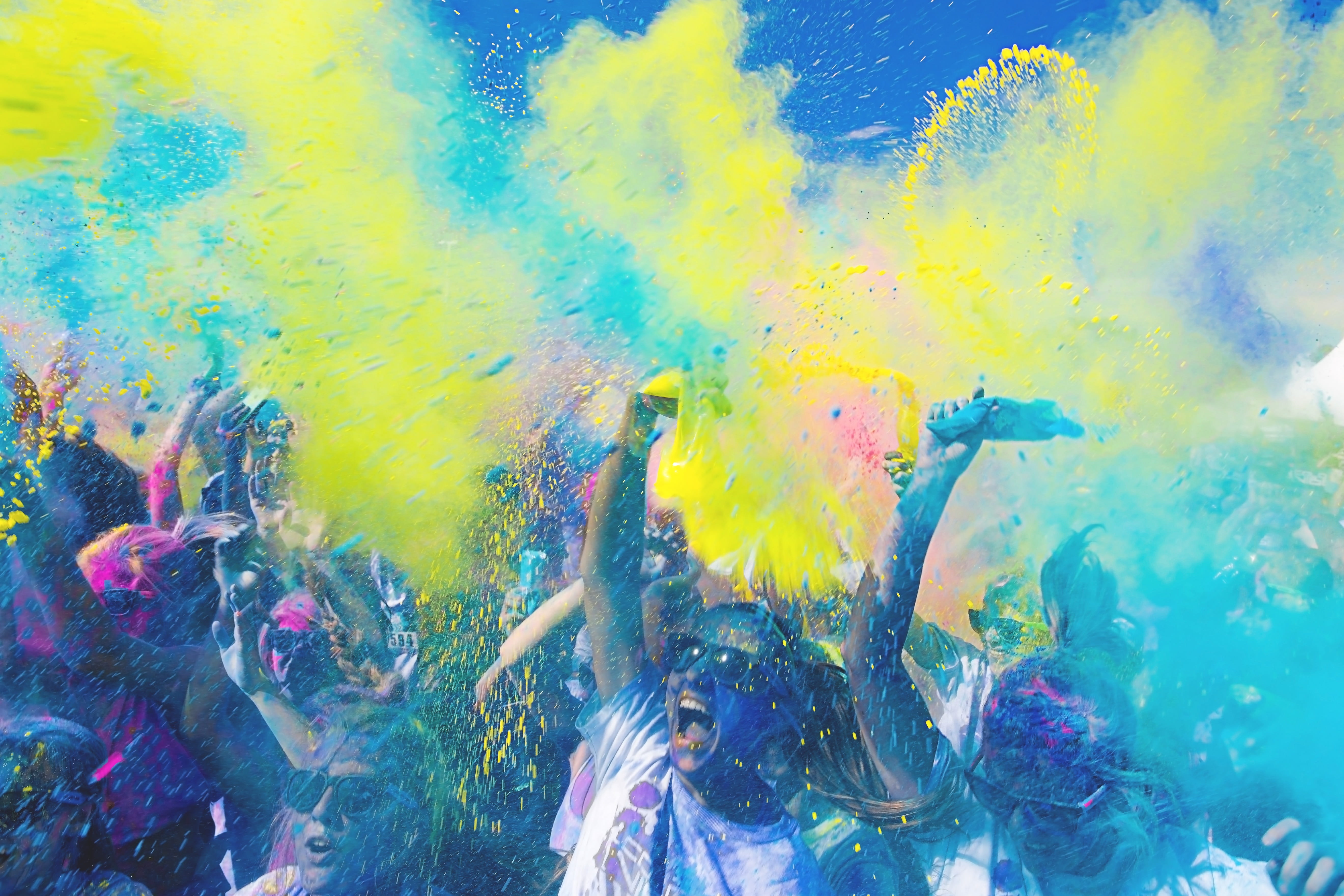 multi colored, traditional festival, color, vitality, game, motion, holi, group of people, throwing, party, splashing, water, 5K, happiness, people, spraying, HD Wallpaper