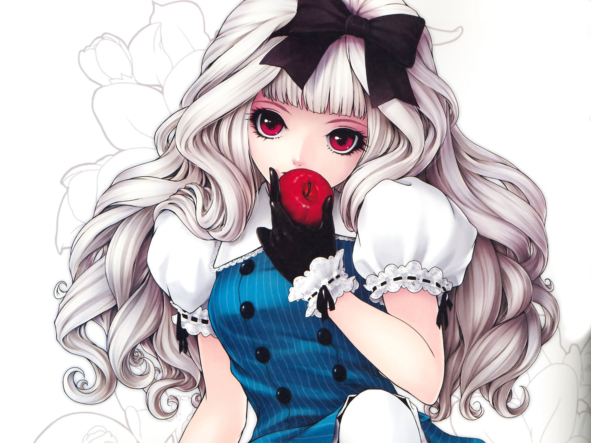 Anime, Purple Eyes, bow (Clothing), White Hair, 1080P, Apple, Girl, HD Wallpaper
