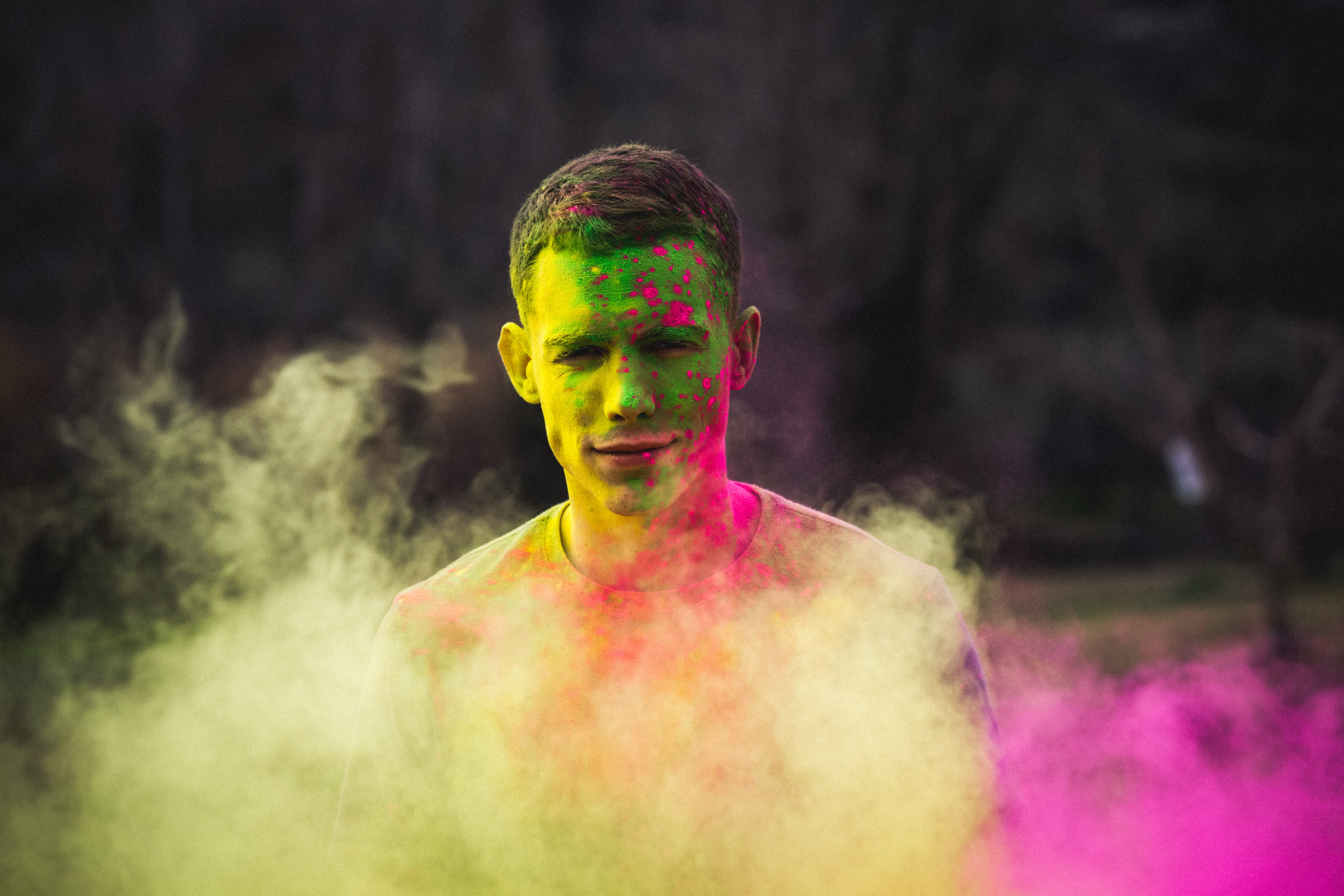 adult, dirty, portrait, smiling, painted, traditional festival, green, face powder, colourful, man, black background, celebration, person, talcum powder, HD Wallpaper