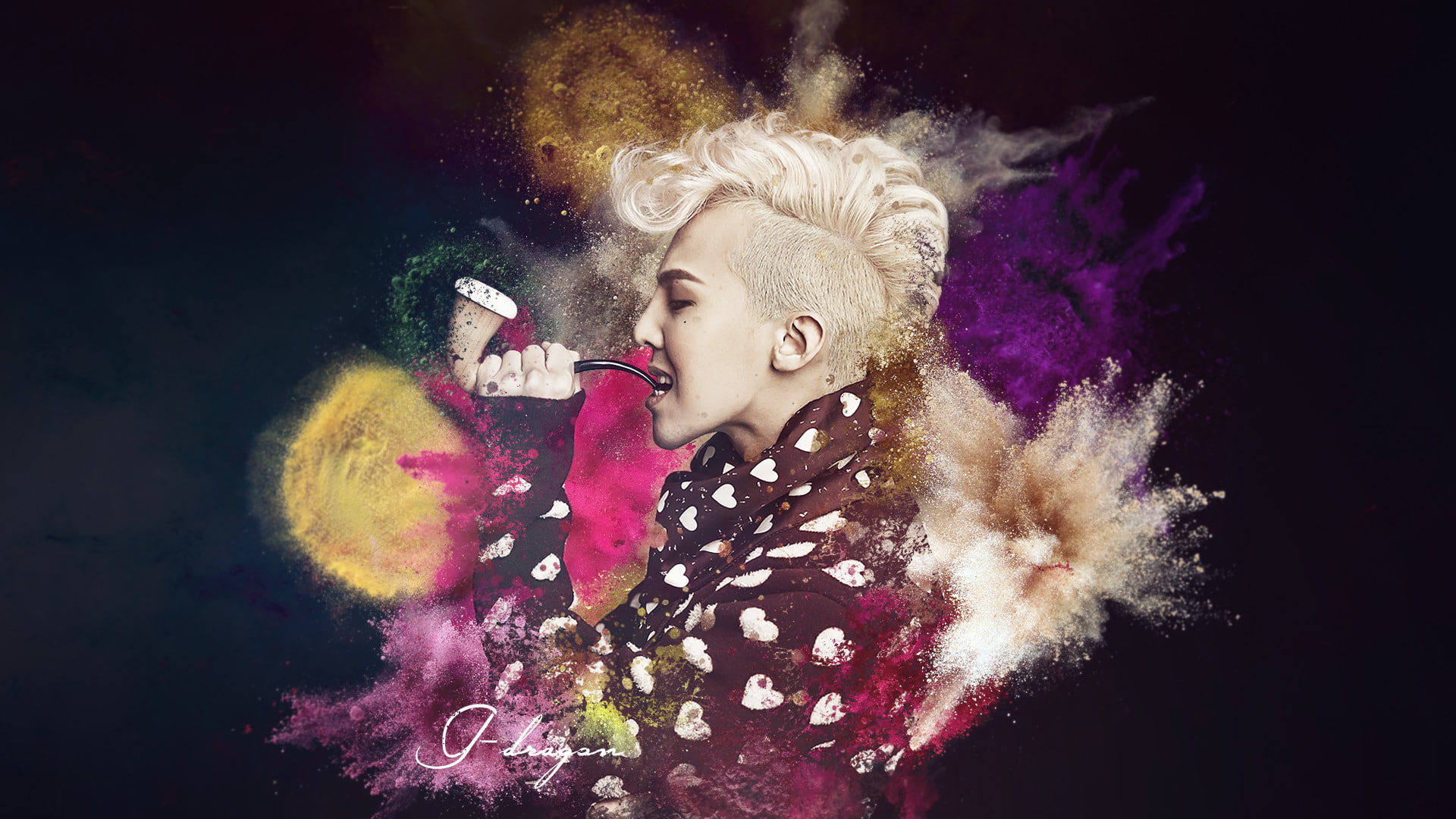 hair, young adult, k pop g dragon bigbang asian, front view, blond hair, beauty, activity, studio shot, indoors, paint, motion, beautiful woman, 1080P, HD Wallpaper