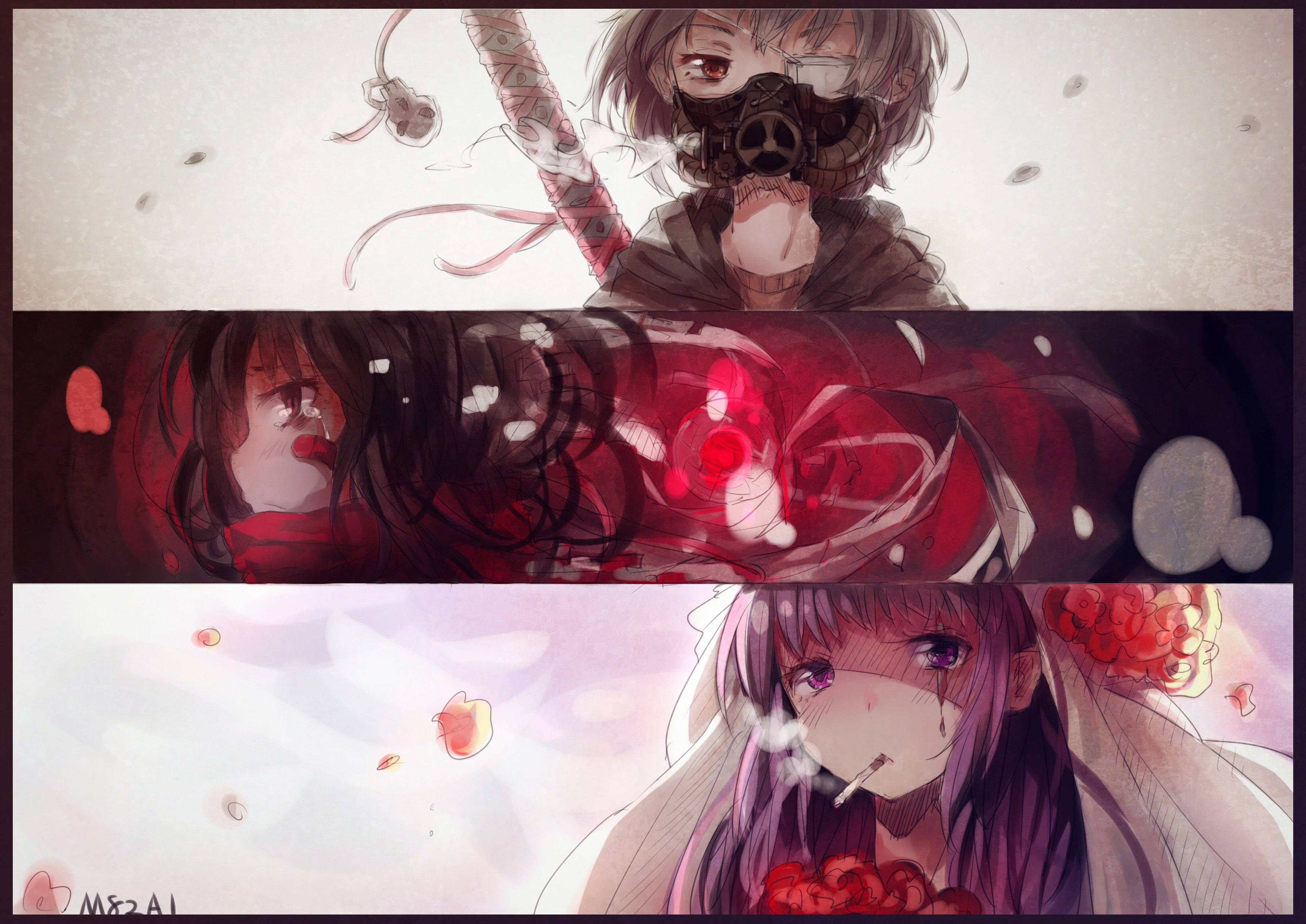 dress, red, art, masks, eyepatch, weapons, short, long, people, gas, smoking, head, eyes, hair, tears, scarfs, purple, hd, 2K, HD Wallpaper