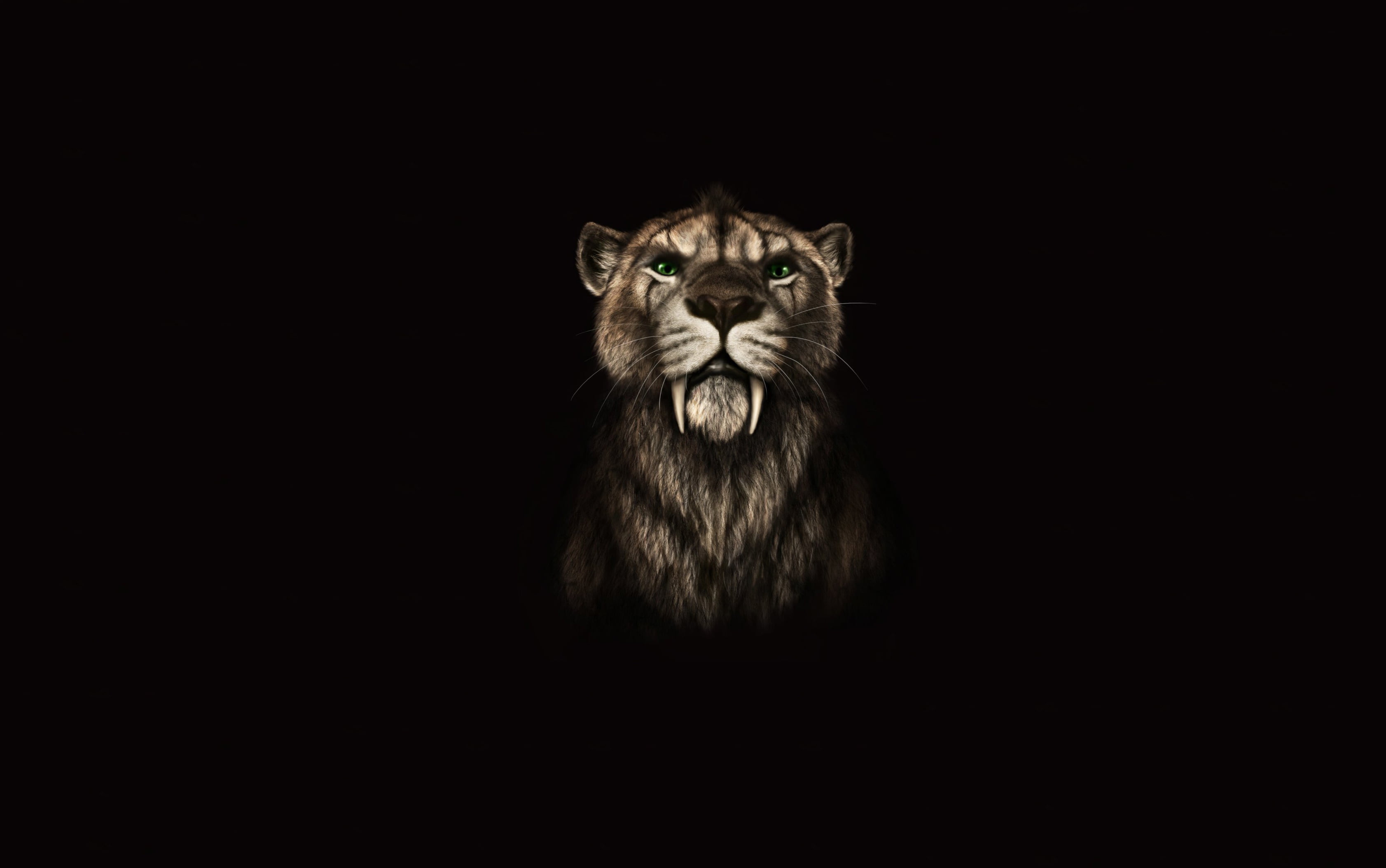 2K, animal head, lion - feline, animal themes, whisker, sabertooth, animal body part, pets, feline, illustration, fangs, studio shot, cat, black background, HD Wallpaper