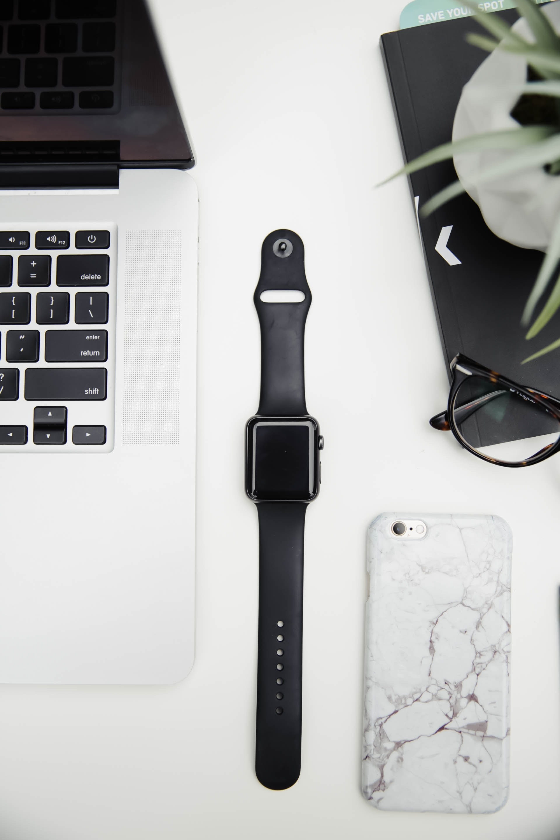 high angle view, apple, technology, connection, computer keyboard, sports, black, silver colored, desk, laptop, watch, band, computer, white color, indoors, Phone HD Wallpaper