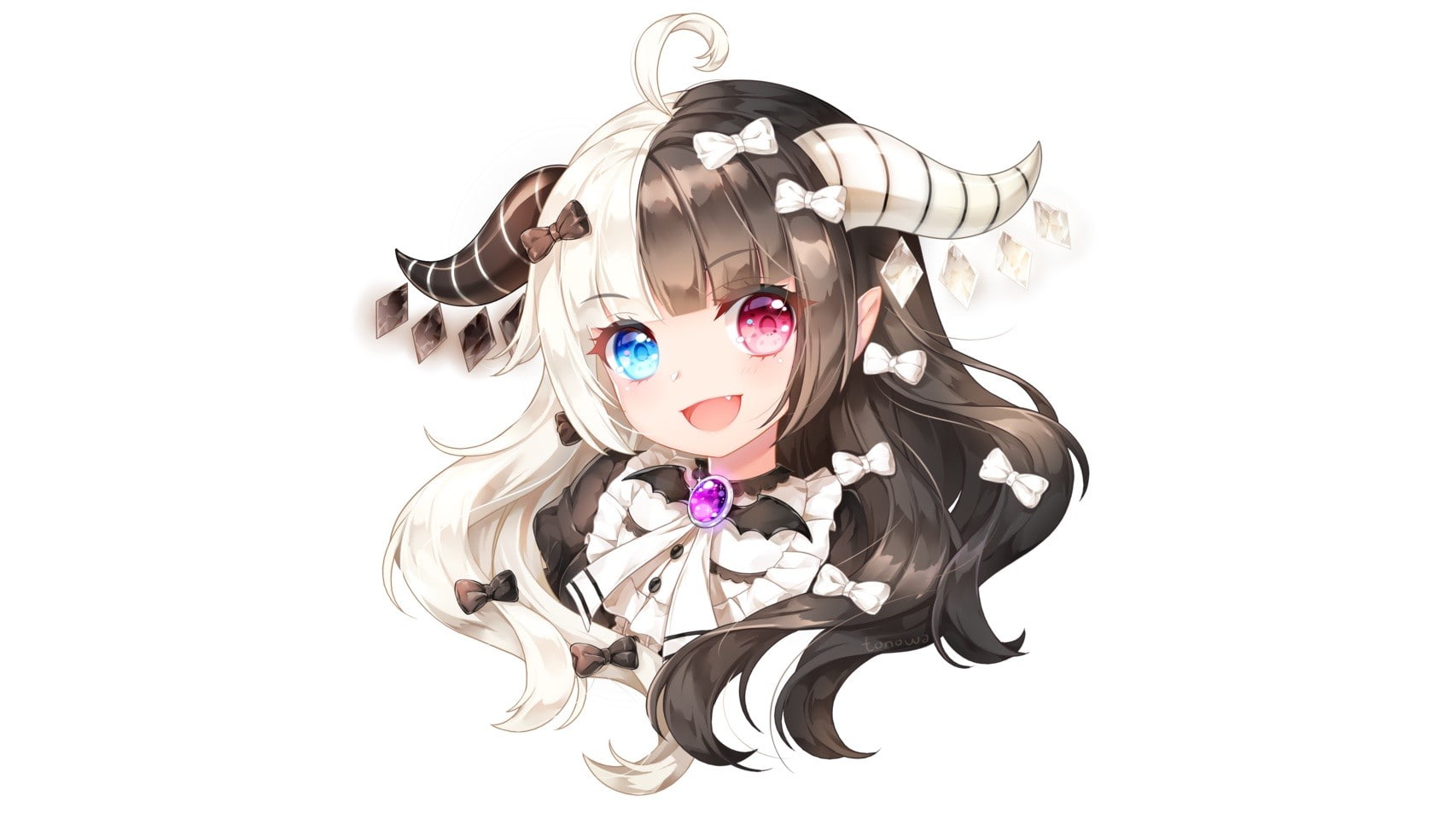 heterochromia, loli, one person, females, studio shot, hairstyle, young adult, horns, human face, fangs, fashion, blushing, close-up, white background, HD Wallpaper