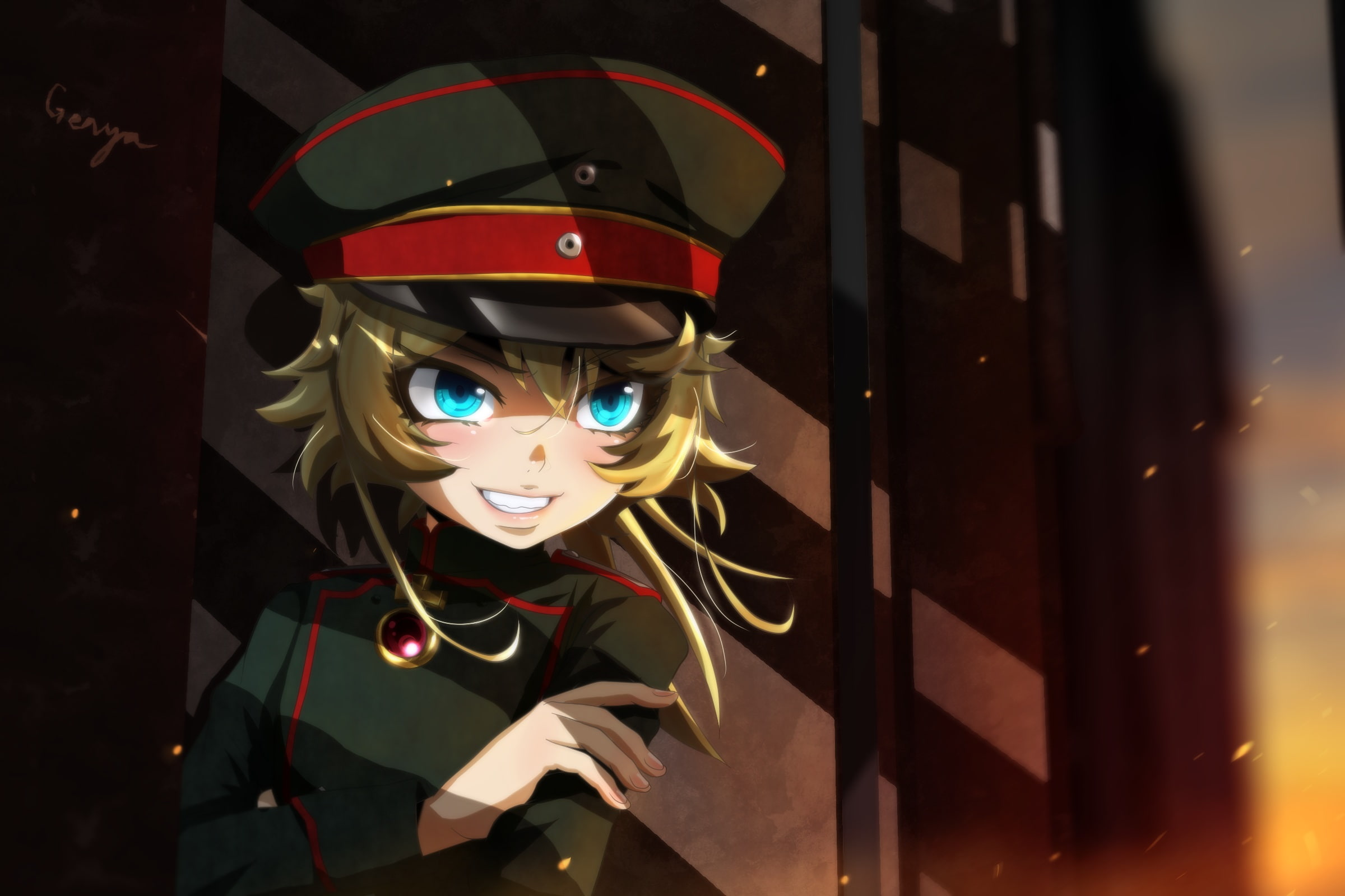 innocence, illuminated, military, uniform, hat, men, looking at camera, child, blonde, short hair, Youjo Senki, real people, 1080P, lifestyles, portrait, HD Wallpaper