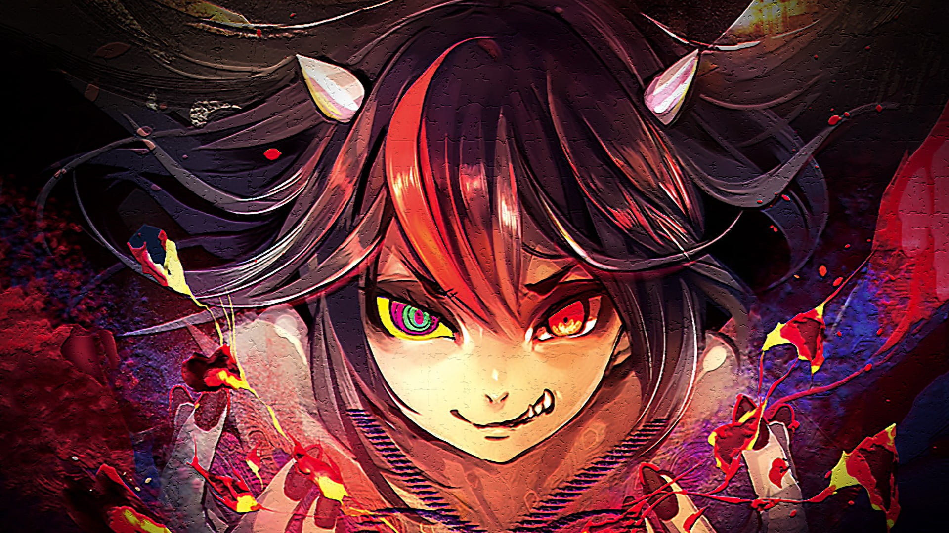 anime, beauty, red eyes, headshot, multi colored, Touhou, portrait, women, creativity, haired, human body part, red nails, adult, 1080P, human face, black, HD Wallpaper