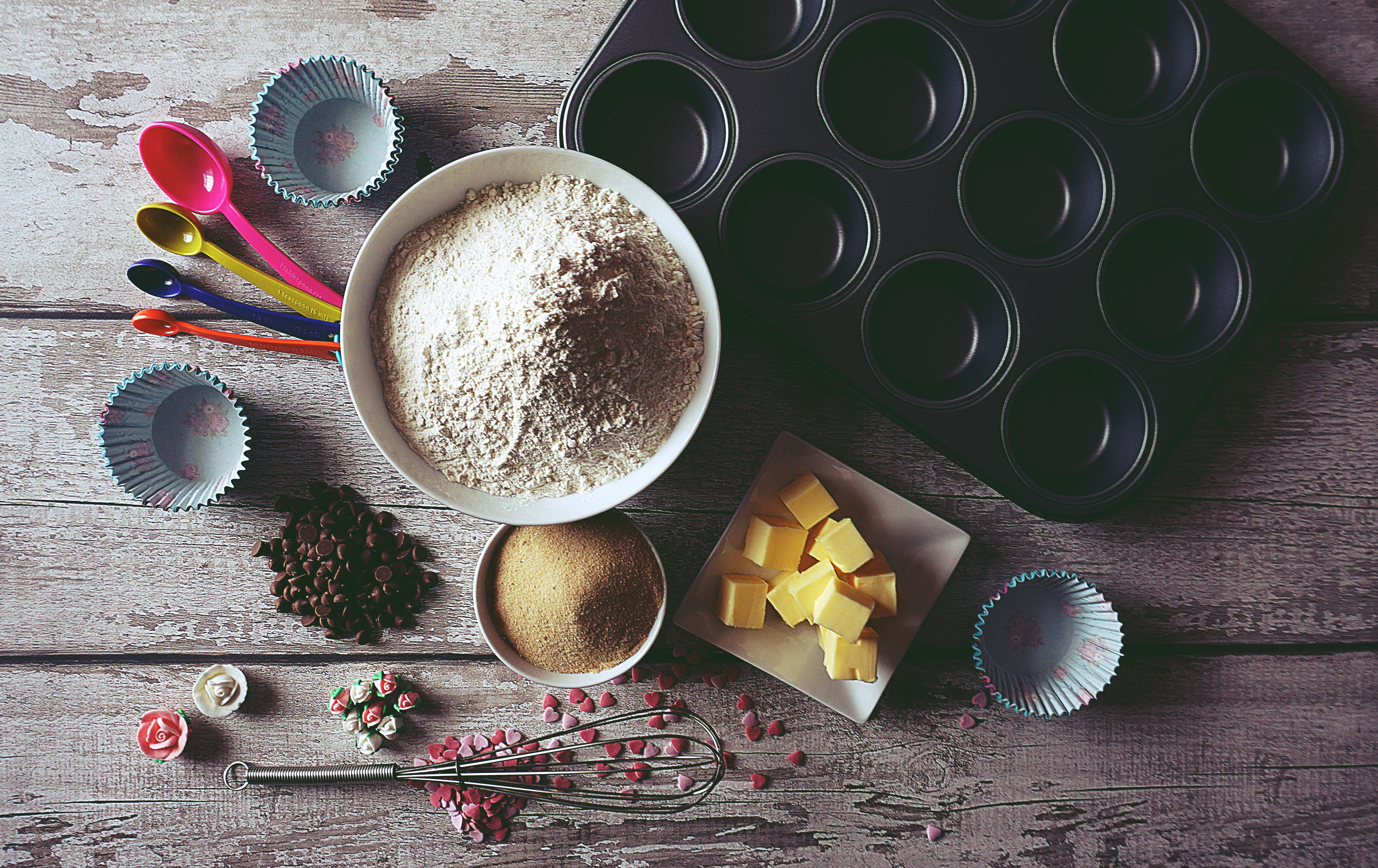 food and drink, variation, bowl, high angle view, kitchen utensil, spice, wood - material, baking, cup cakes, sweet food, table, ingredient, egg, cooking, HD Wallpaper