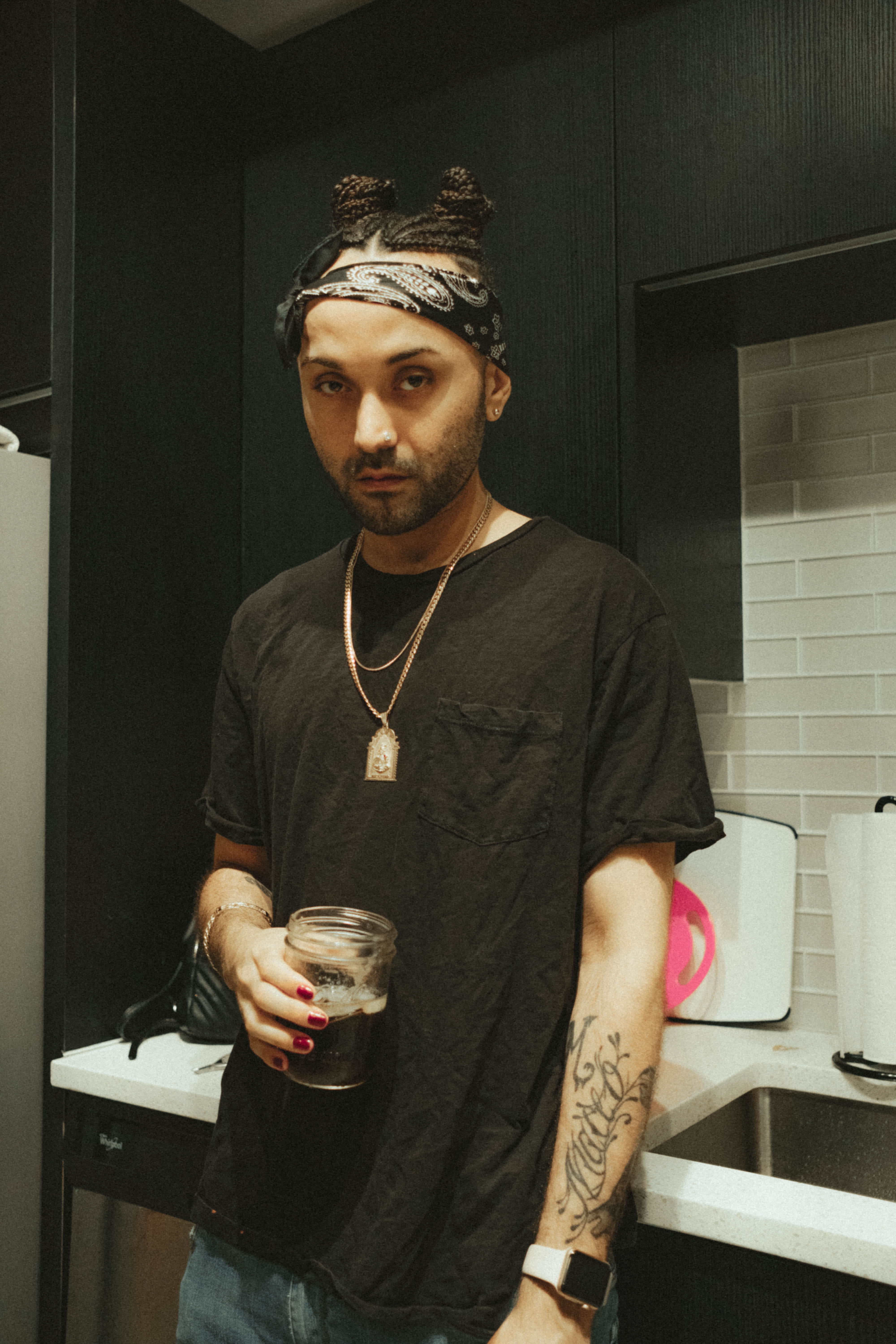 waist up, beverage, bar counter, tin, black, jug, jewelry, t, cup, pub, indoors, portrait, young men, alcohol, tattoo, can, glass, accessory, goblet, standing, Phone HD Wallpaper