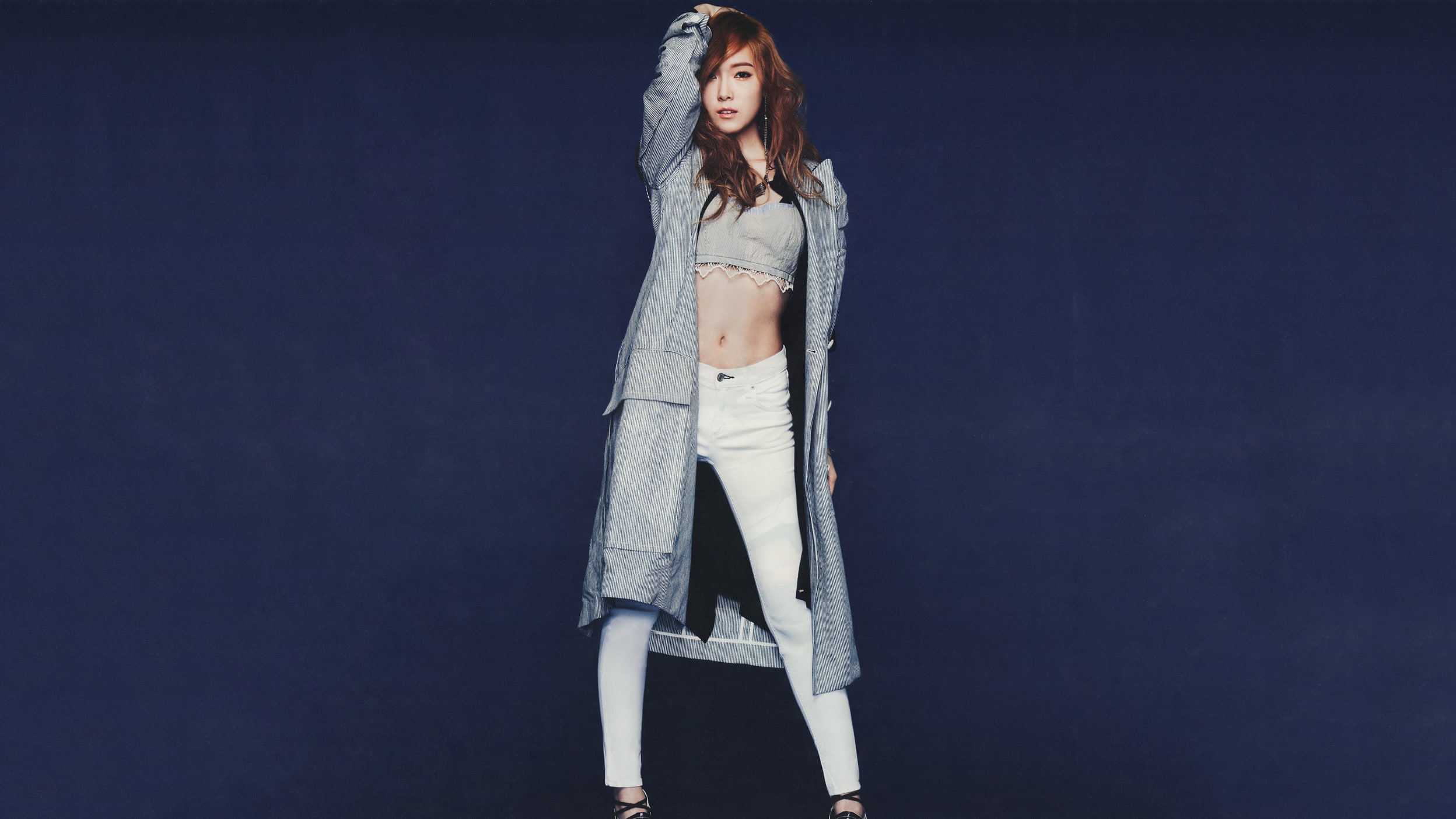 women  Jessica Jung  Korean  Asian  arms up  model  K-pop  Girls Generation  SNSD  blue background, 1080P, HD Wallpaper