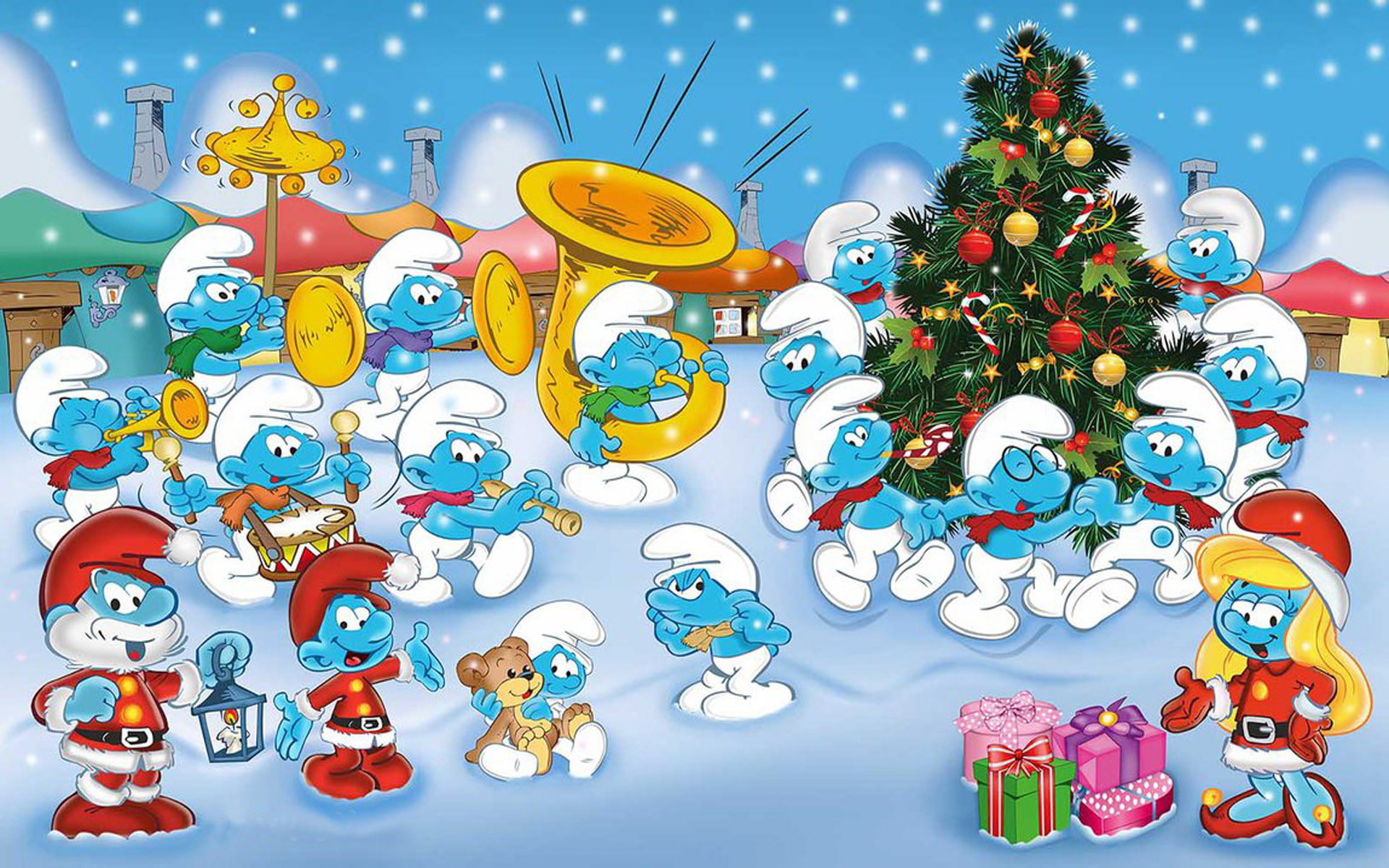 photo, music, smurfs, cartoons, 1080P, orchestra, coloring, new, christmas, happy, year, merry, HD Wallpaper