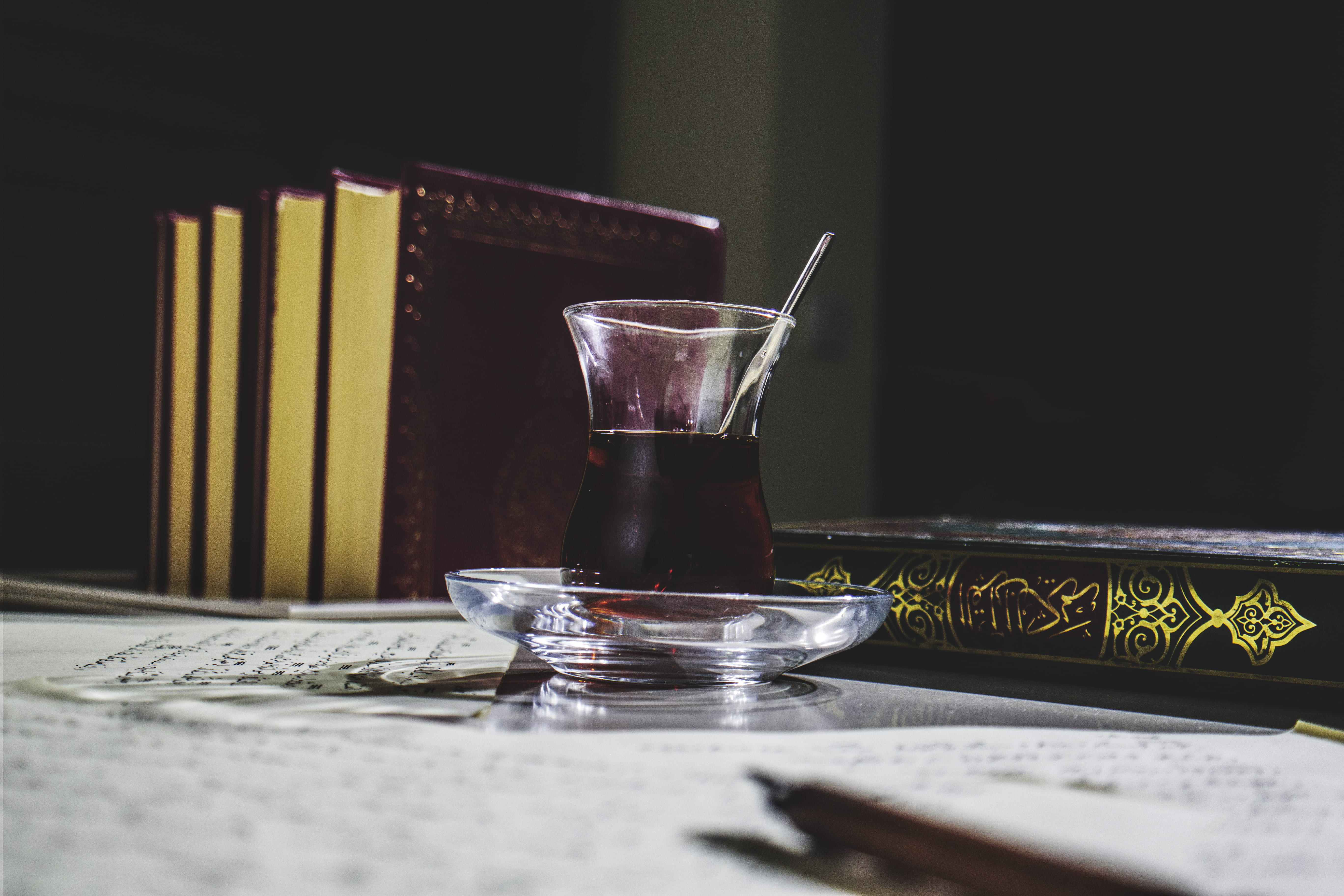 food and drink, drinking glass, black background, Quran, no people, household equipment, refreshment, selective focus, food, glass - material, close-up, HD Wallpaper