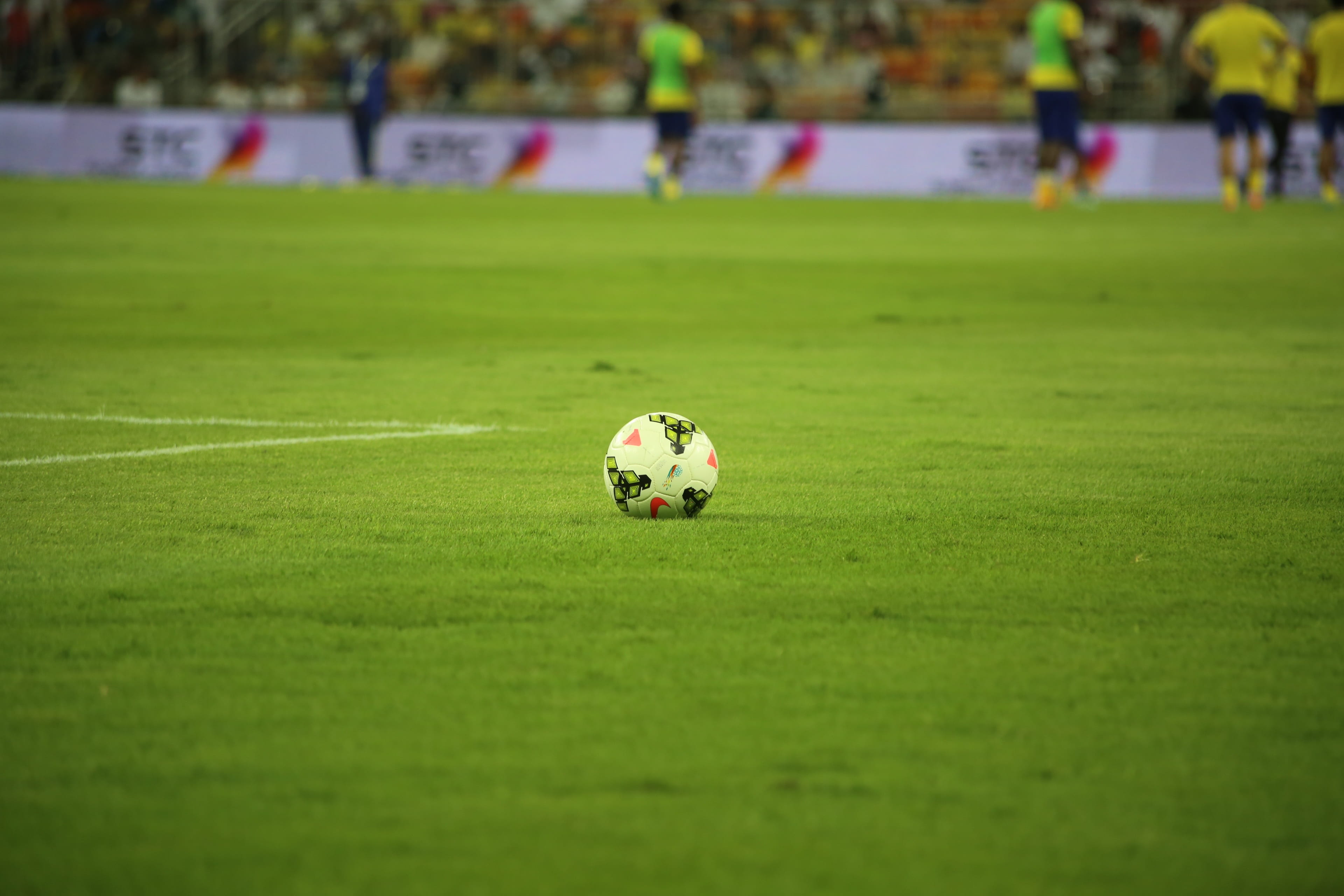 competition, stadium, sports equipment, soccer field, incidental people, land, playing, athlete, field, football, 4K, green color, soccer ball, grass, HD Wallpaper