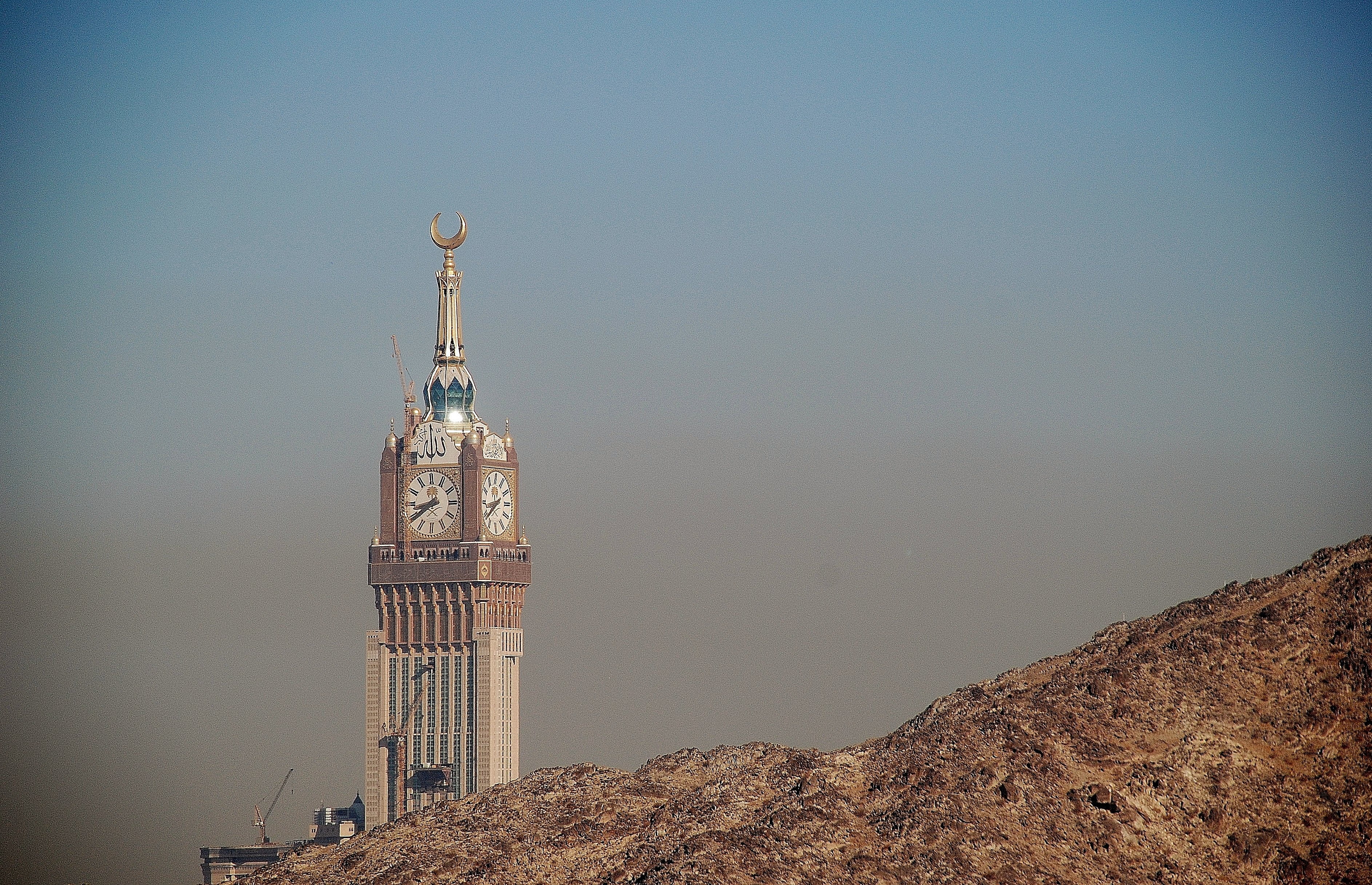 nature, sky, water, cloud, mountain, mecca, land, sunrise, built structure, travel, famous Place, history, travel destinations, day, spire, 2K, clear sky, HD Wallpaper