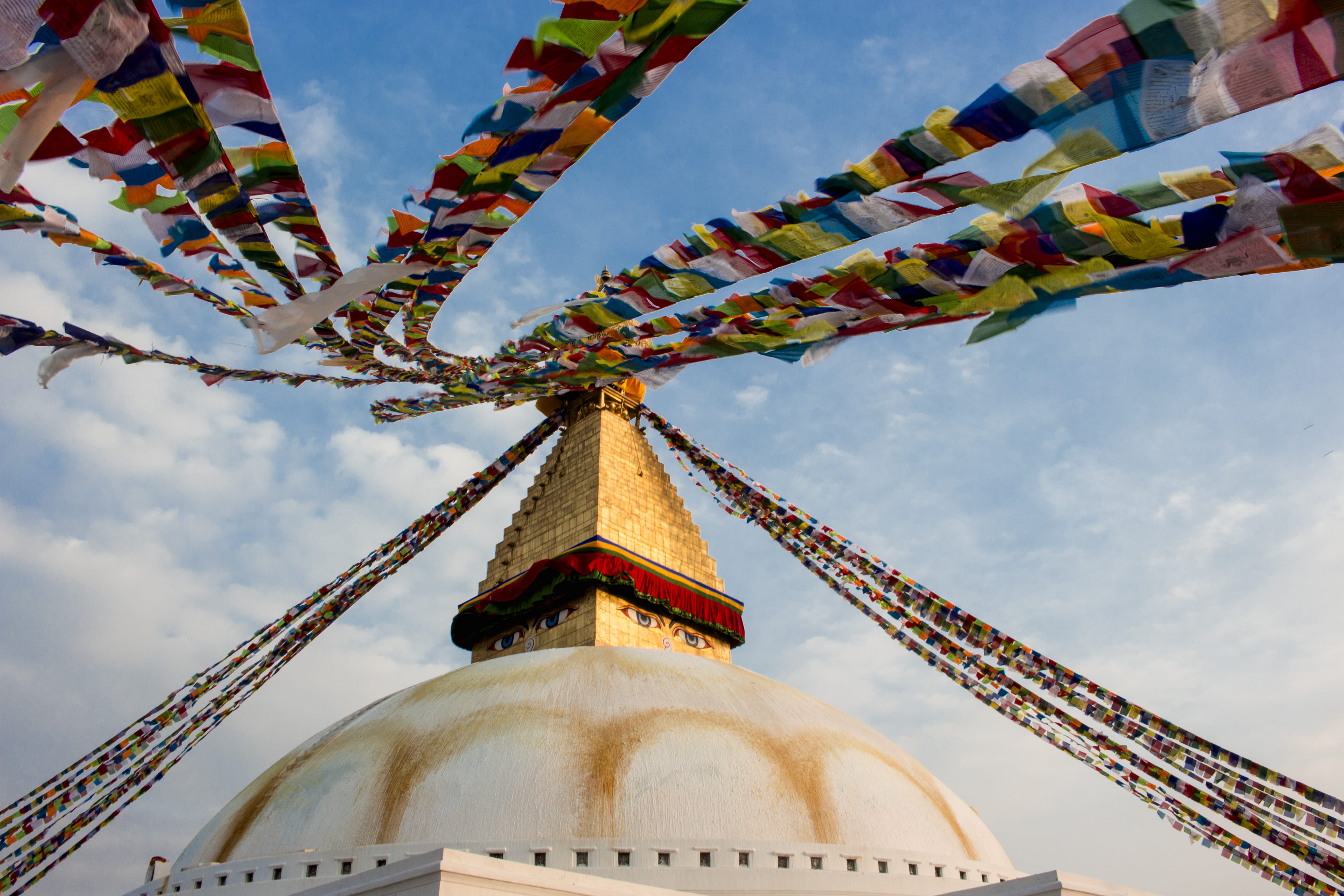 religion, bantings, amusement park ride, blue, tall - high, 5K, buntings, multi colored, place of worship, clouds, sky, low angle view, cloud - sky, brown, HD Wallpaper