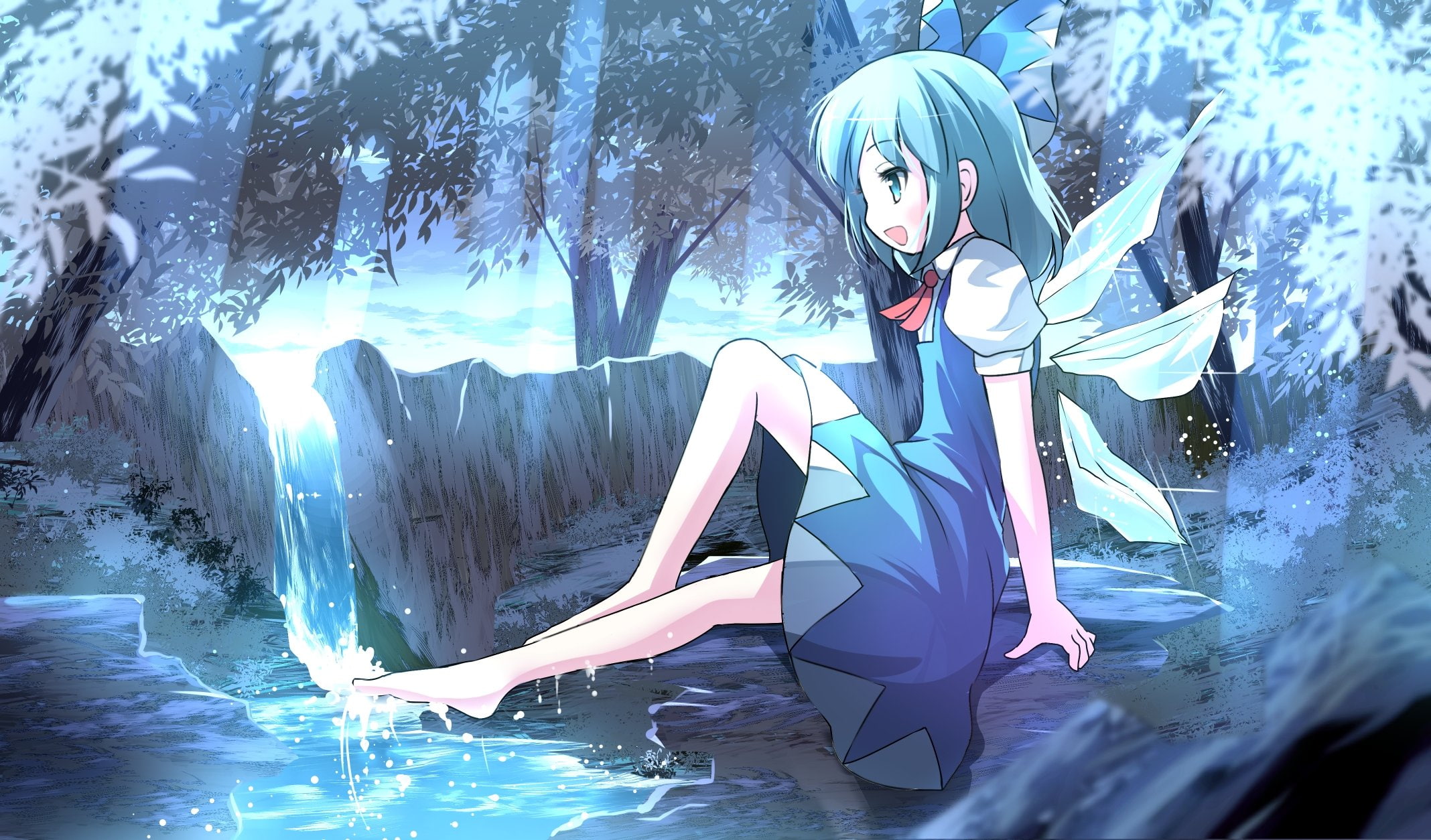 blue, tree, 1080P, bow, wings, barefoot, hair, risutaru, water, cirno, dress, touhou, eyes, HD Wallpaper