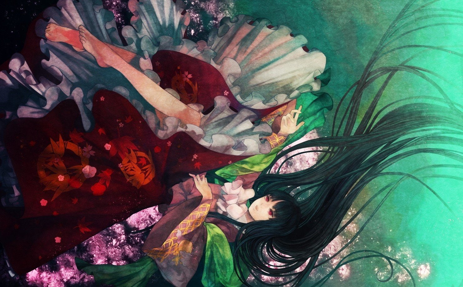 long, bows, red, 720P, barefoot, kaguya, black, skirts, eyes, dress, princess, hime, anime, cut, underwater, girls, touhou, hair, video, floating, games, HD Wallpaper