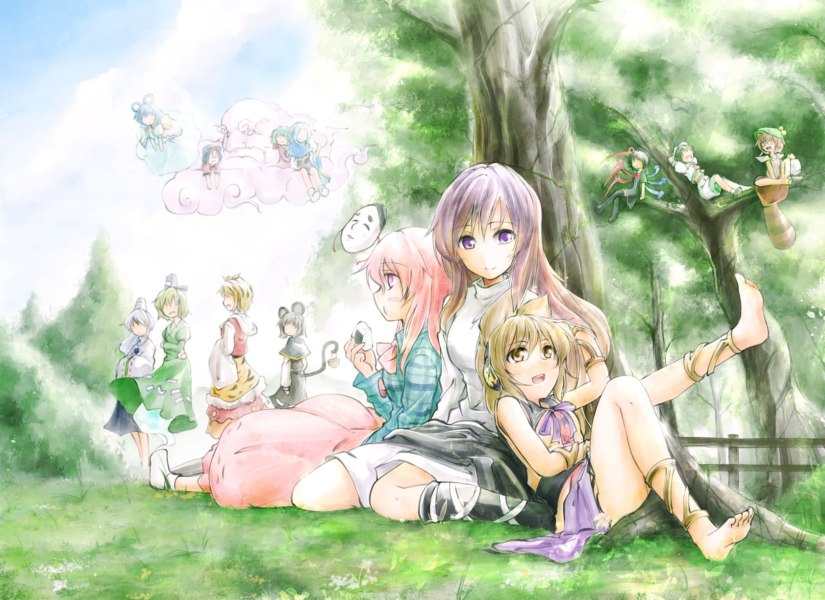 food, sky, bow, headdress, eyes, glasses, hair, long, pink, blue, 720P, tail, unzan, dress, socks, touhou, wings, tree, hat, group, kneehighs, mask, grass, HD Wallpaper