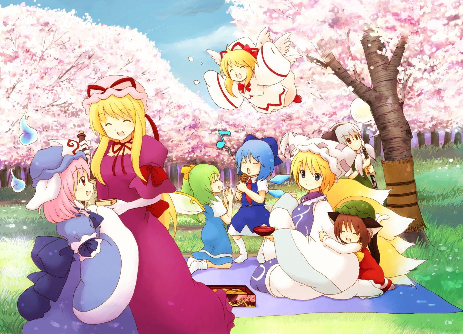 spring, yakumo, touhou, youmu, red, hair, brunettes, short, blondes, animal, smiling, fairies, wings, video, blue, ears, grass, konpaku, yukari, blossoms, HD Wallpaper