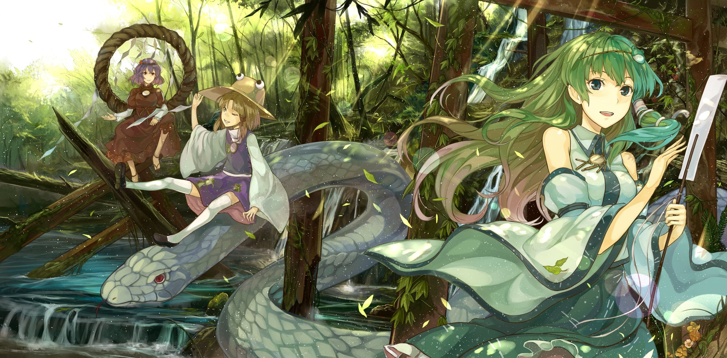 waterfall, thighhighs, animal, hair, skirt, blue, snake, wink, miko, forest, 1080P, hat, eyes, long, torii, touhou, water, headband, necklace, red, dress, HD Wallpaper
