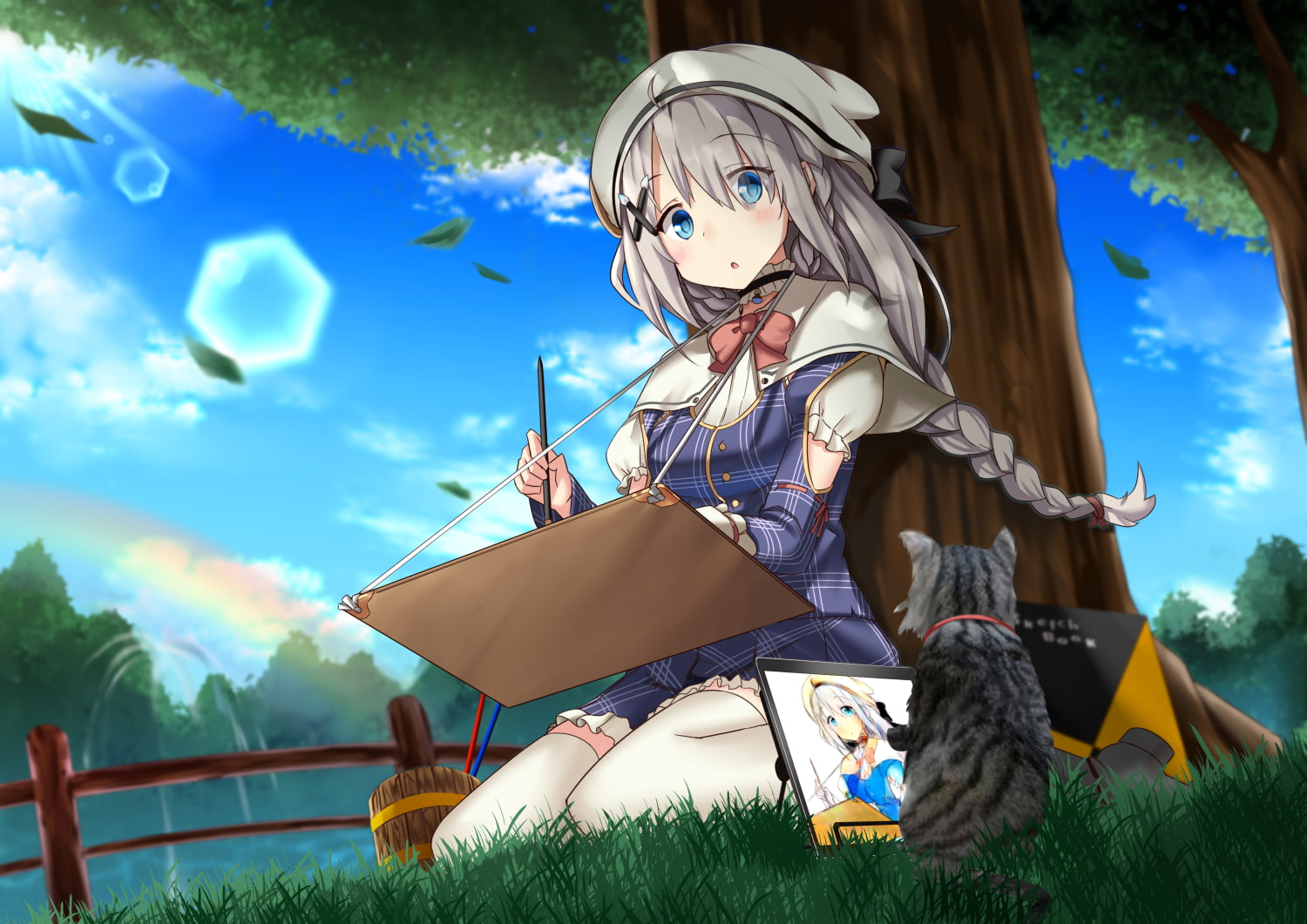choker, clouds, chiena-chan, braids, ponytail, cat, paintschainer, animal, grass, dress, sky, bow, tree, blue, hair, konachan, leaves, eyes, park, long, HD Wallpaper
