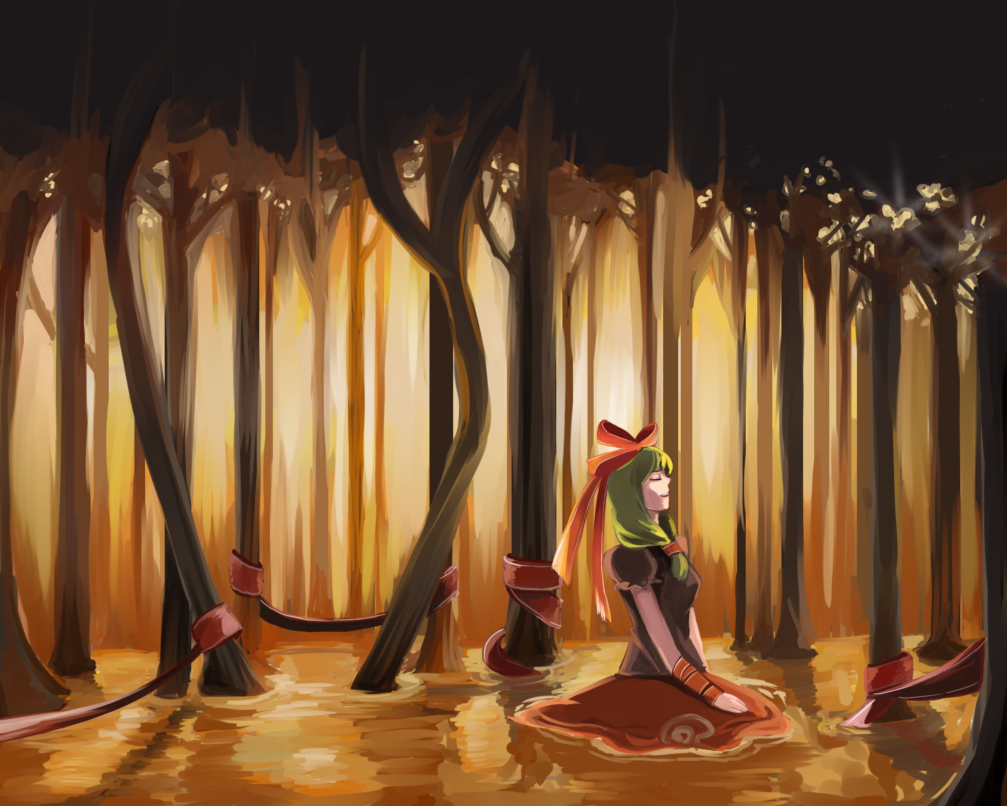 forest, long, hina, ribbons, green, kagiyama, 1080P, tree, bow, pwentoran, water, touhou, hair, dress, HD Wallpaper