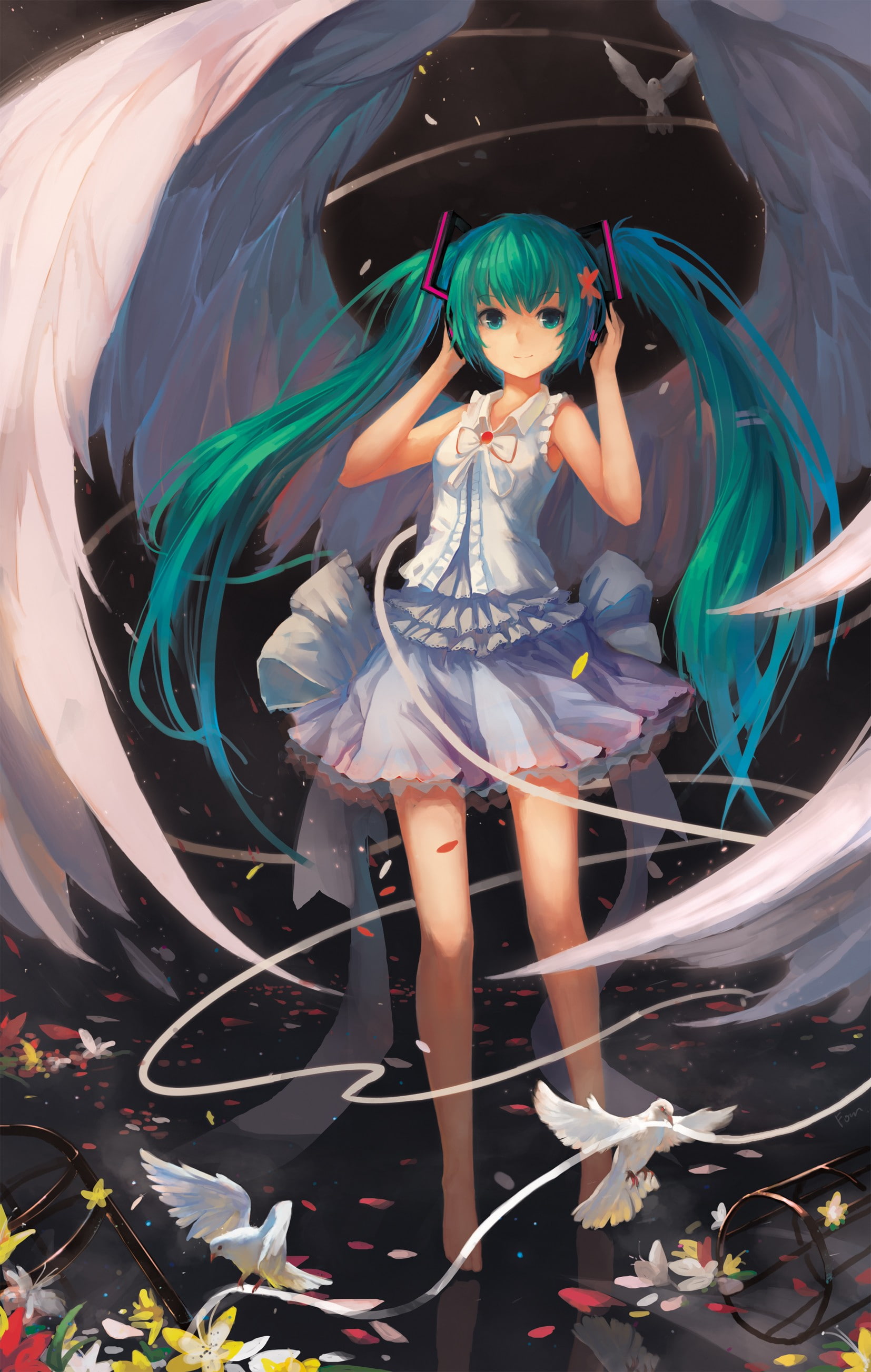 girls, headphones, anime, hair, aqua, barefoot, petals, fom, dress, twintails, birds, miku, flowers, white, skirts, vertical, green, water, bows, hatsune, Phone HD Wallpaper