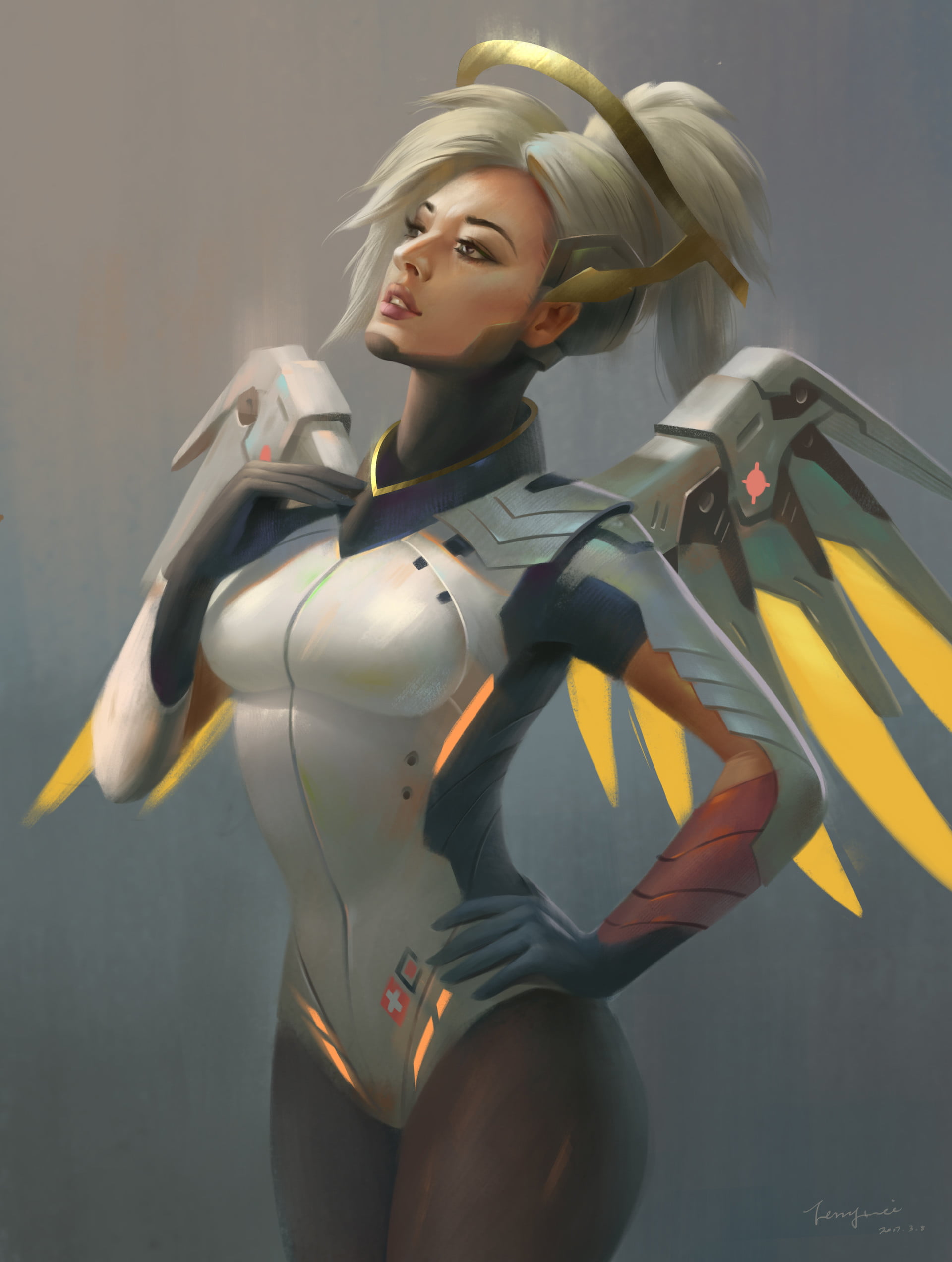 1080P, wings, standing, adult, Terry Wei, Overwatch, contemplation, Mercy (Overwatch), young adult, women, hairstyle, three quarter length, beauty, gray, Phone HD Wallpaper