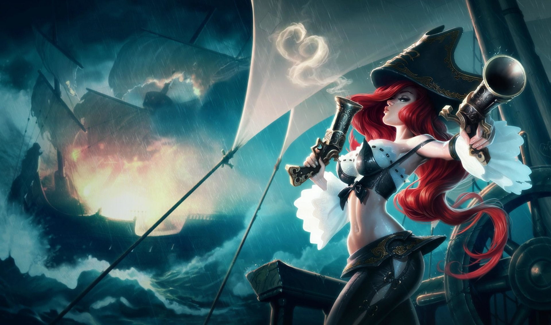 Miss Fortune (League Of Legends), Long Hair, 1080P, Pirate, Video Game, Red Hair, Girl, Woman Warrior, League Of Legends, Gun, Rain, HD Wallpaper