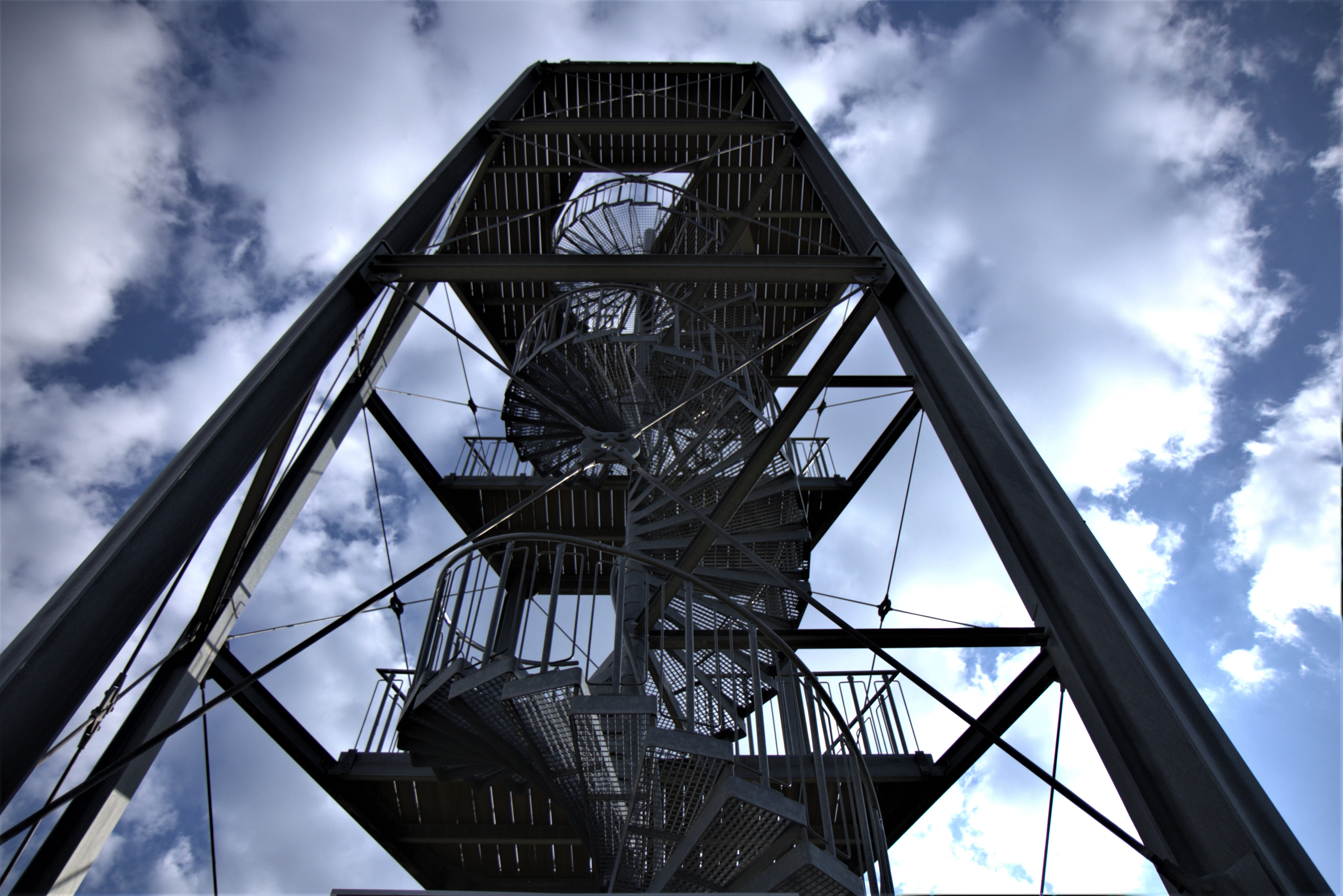built structure, stairs, travel destinations, day, architecture, modern, spiral staircase, cloud - sky, emergence, looking up, nature, city, low angle shot, HD Wallpaper
