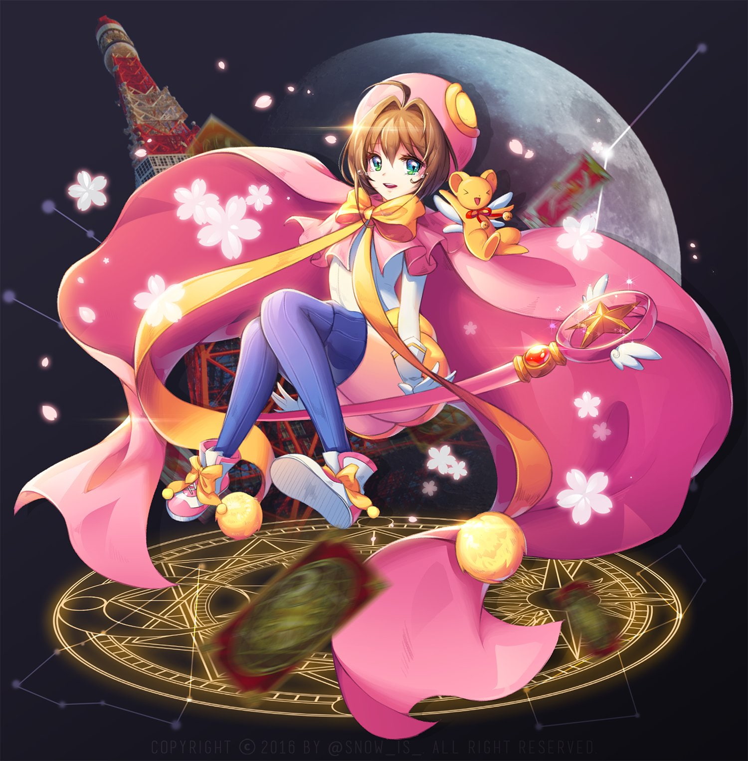 sealing, (star, blue, 720P, kero-chan, cardcaptor, kinomoto, form), sakura, legwear, wand, Phone HD Wallpaper