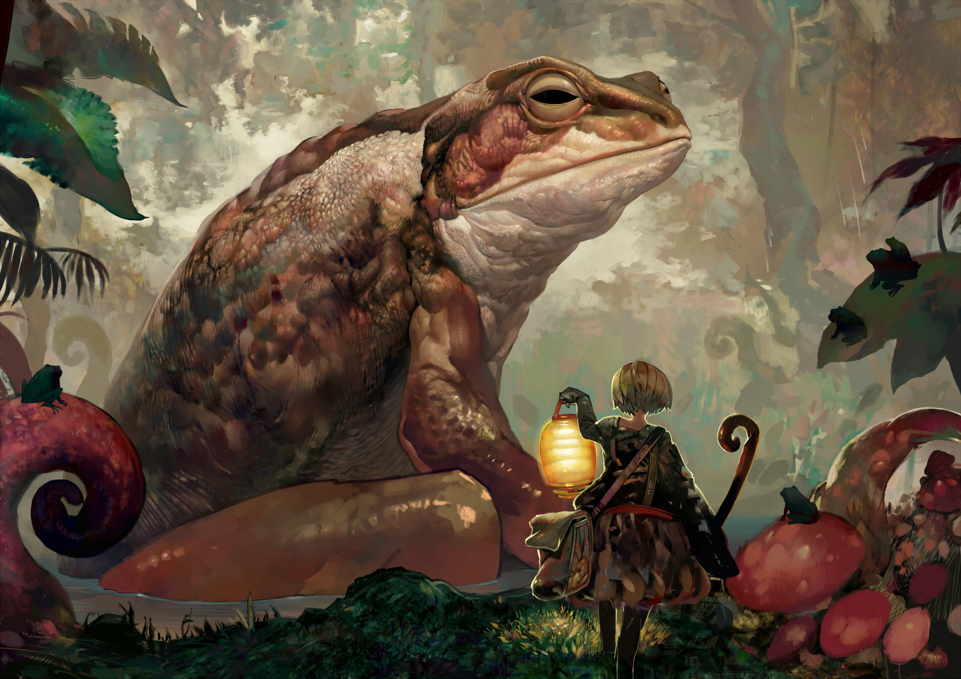 frog, Wand, fantasy art, bag, anime girls, short hair, rod, anime, plants, lake, lantern, mushroom, 720P, blonde, HD Wallpaper
