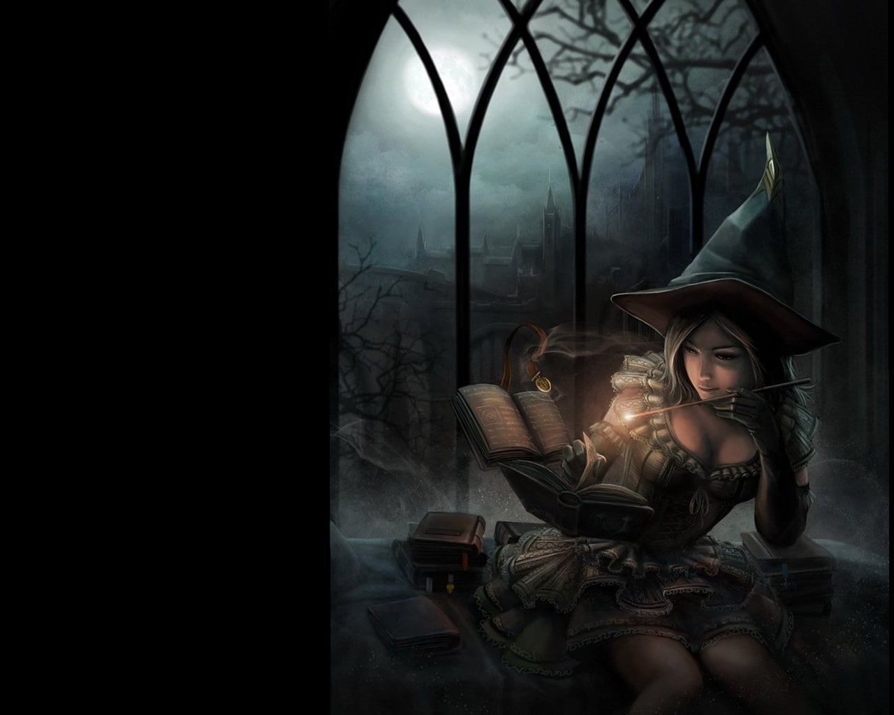 books, x, witch, hd, 720P, women, wand, magic, artwork, art, fantasy, HD Wallpaper